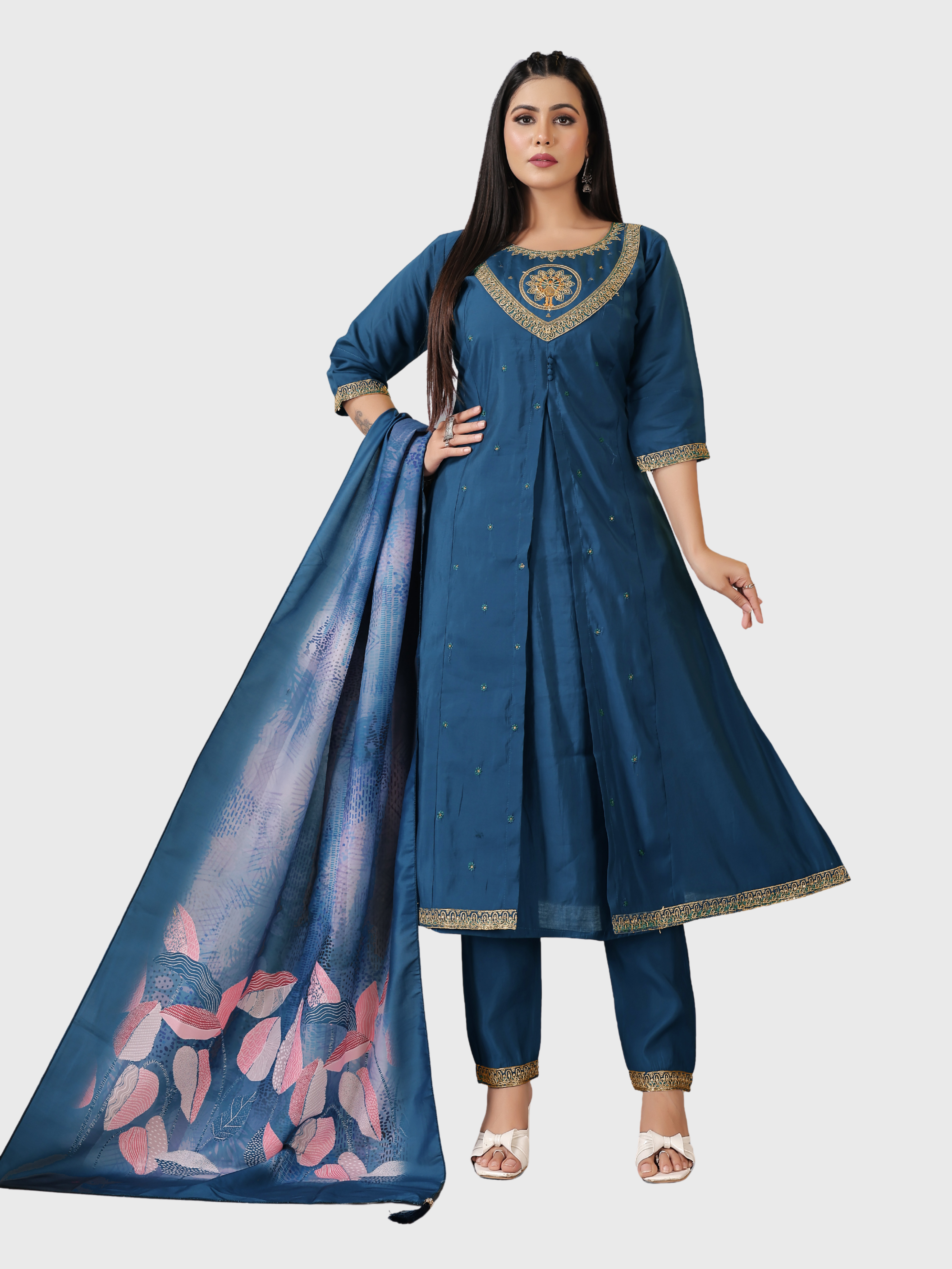 Elegant Roman Silk Round Neck Suit Set –Navy Blue | Embroidered with Cotton Linen & Digital Dupatta