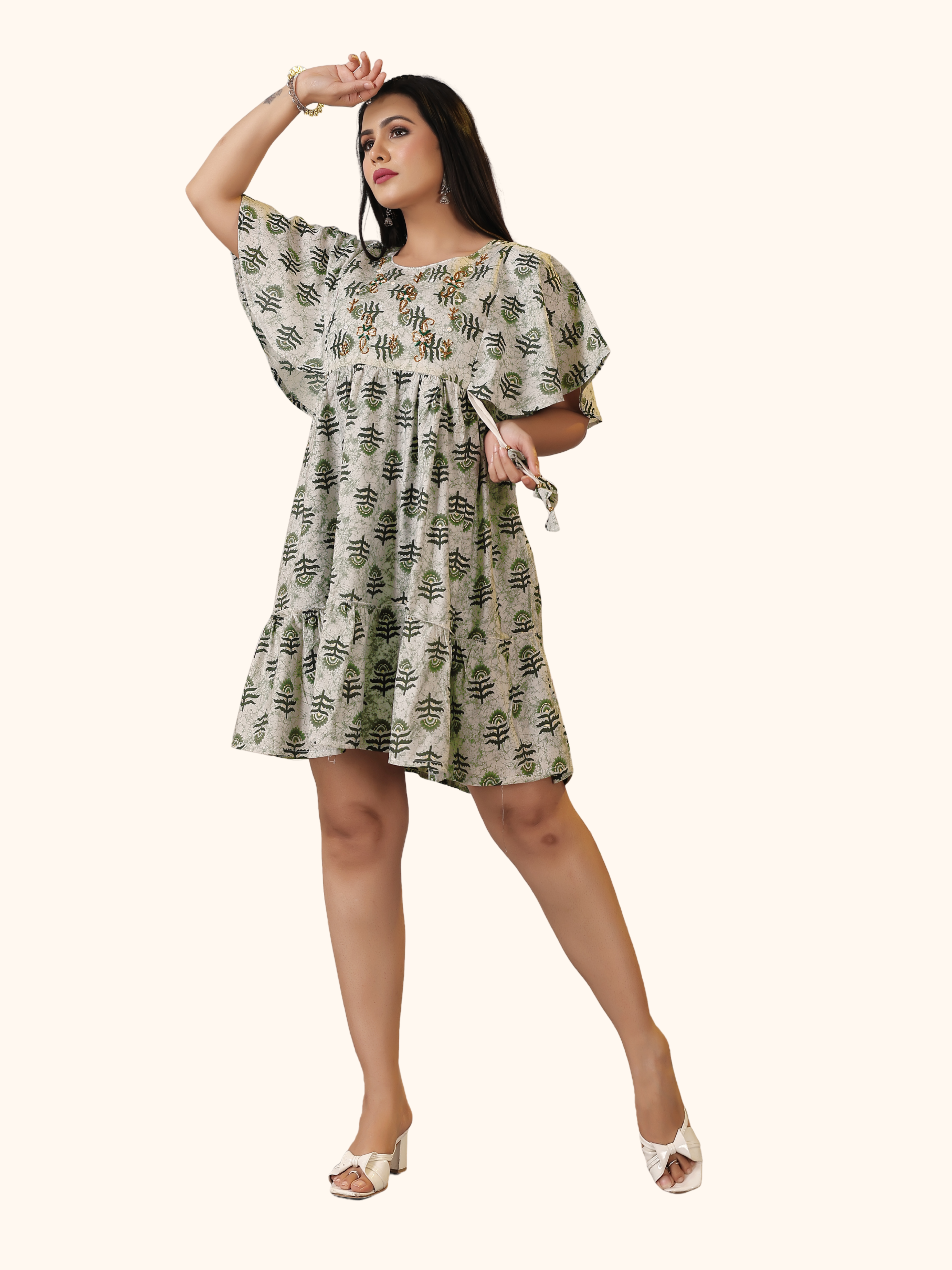 Ash Olive Floral One-Piece Frock Dress with Belt | Modal Silk with Cotton Lining