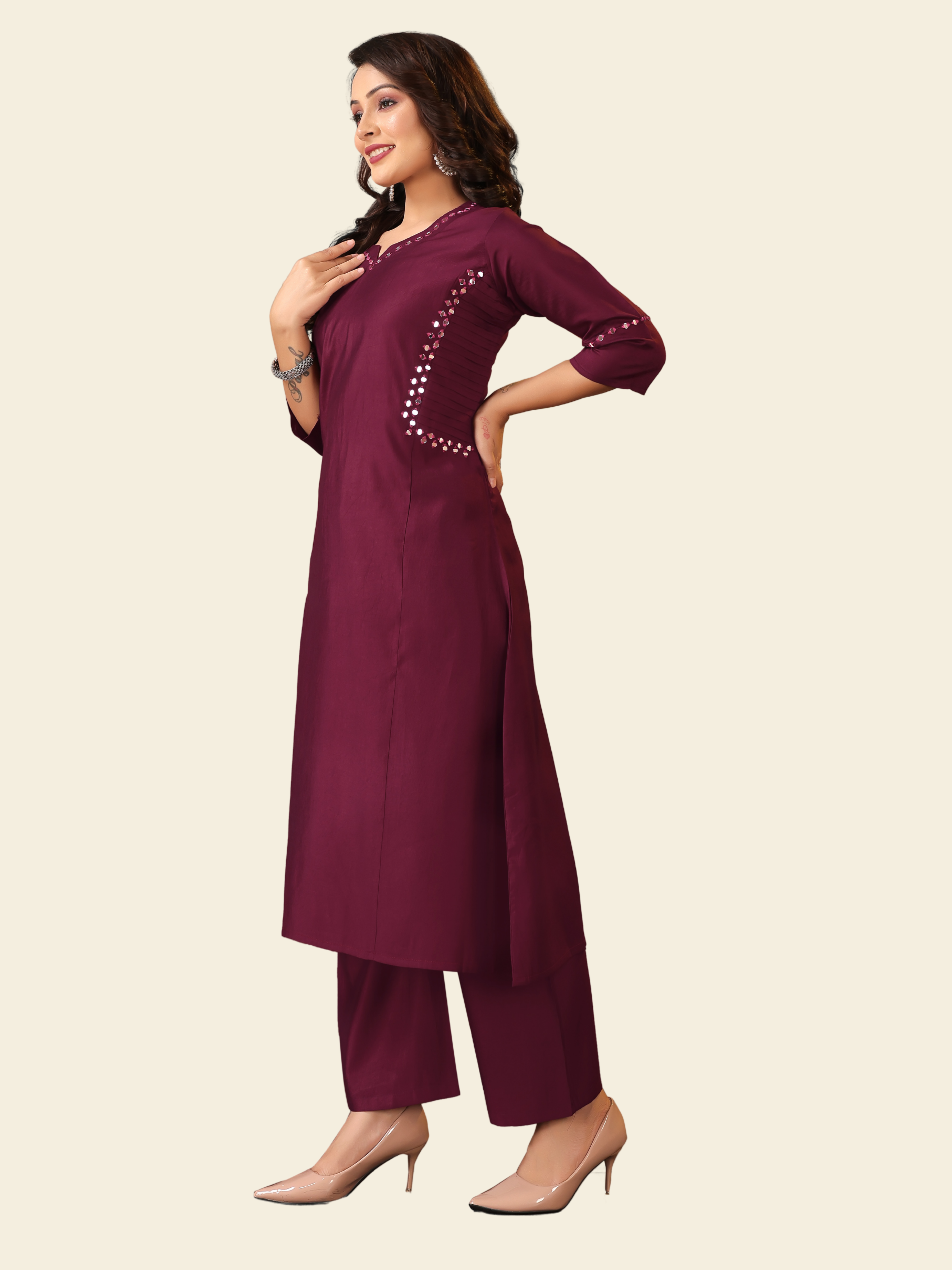 Gadhval Maroon A-Line Kurti with Mirror Detailing and Pant