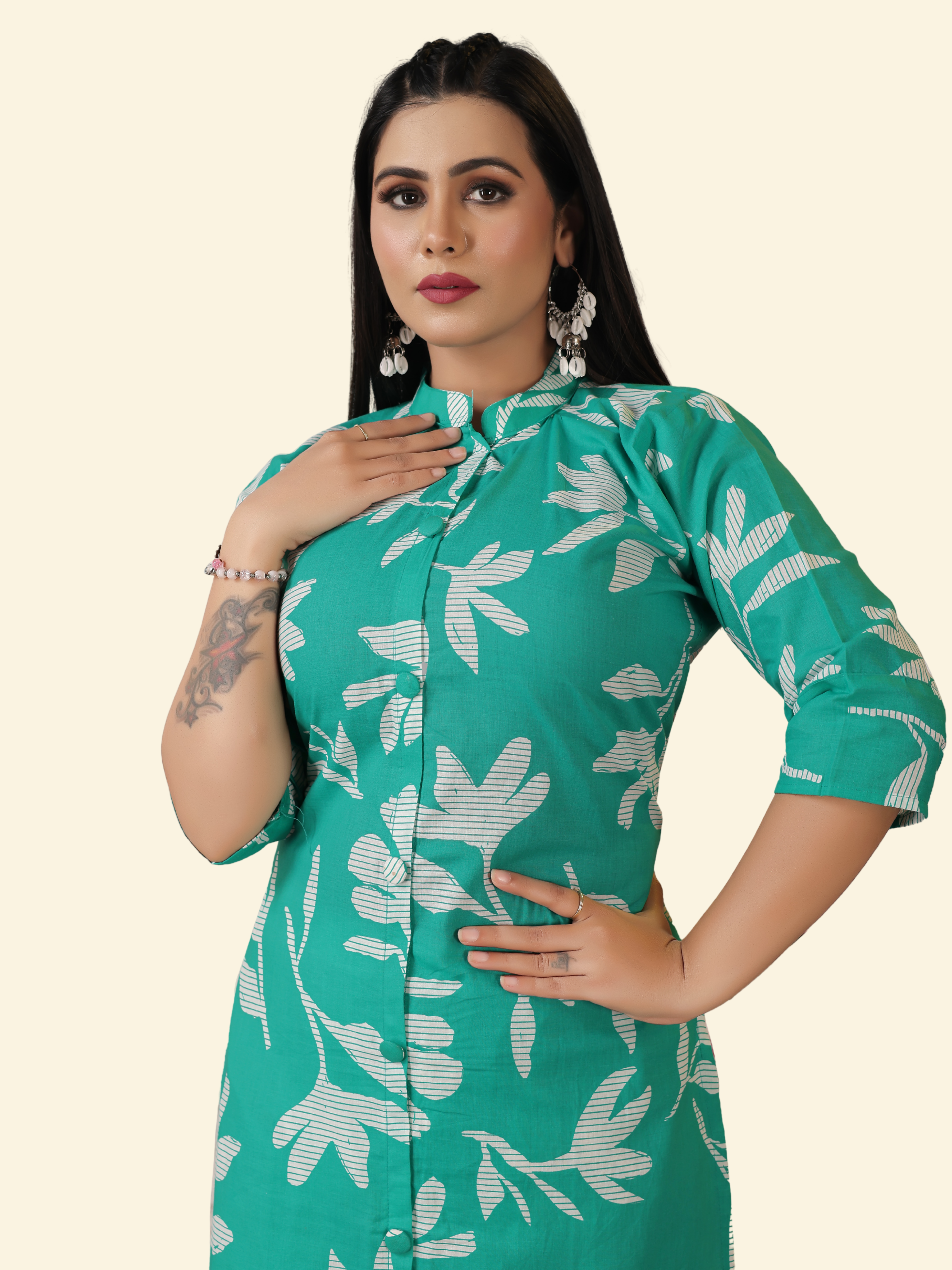 Teal Green Cotton Cambric A-Line Kurti & Pant Set