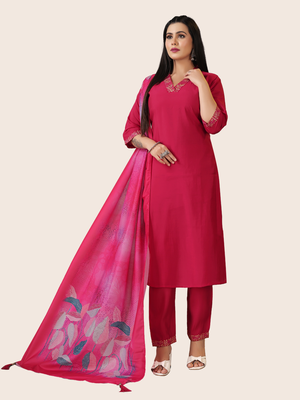 V Neck Roman Silk 3 Piece Suit Set - Raspberry Red | Embroidered with Cotton Linen & Digital Dupatta