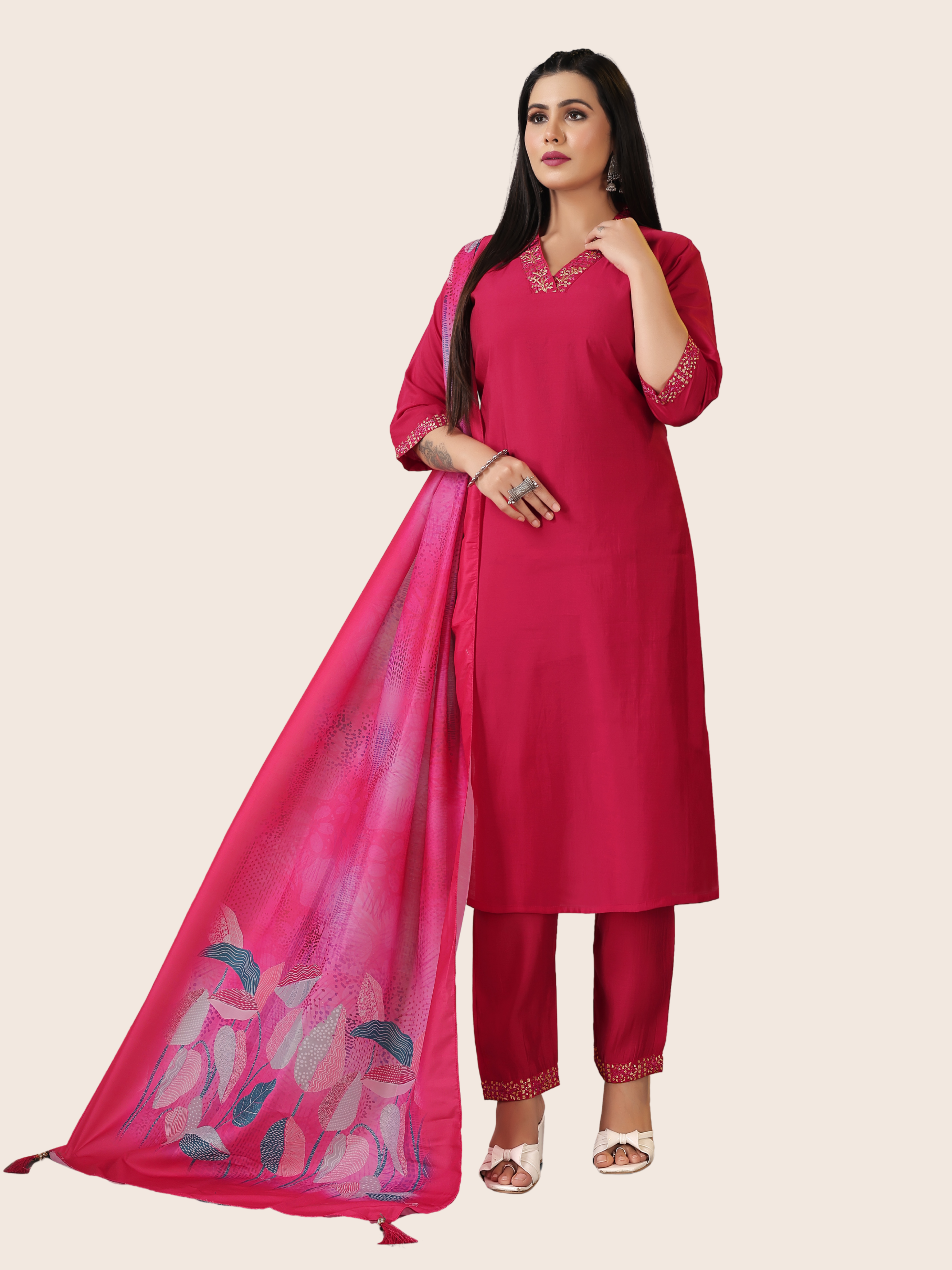 V Neck Roman Silk 3 Piece Suit Set - Raspberry Red | Embroidered with Cotton Linen & Digital Dupatta