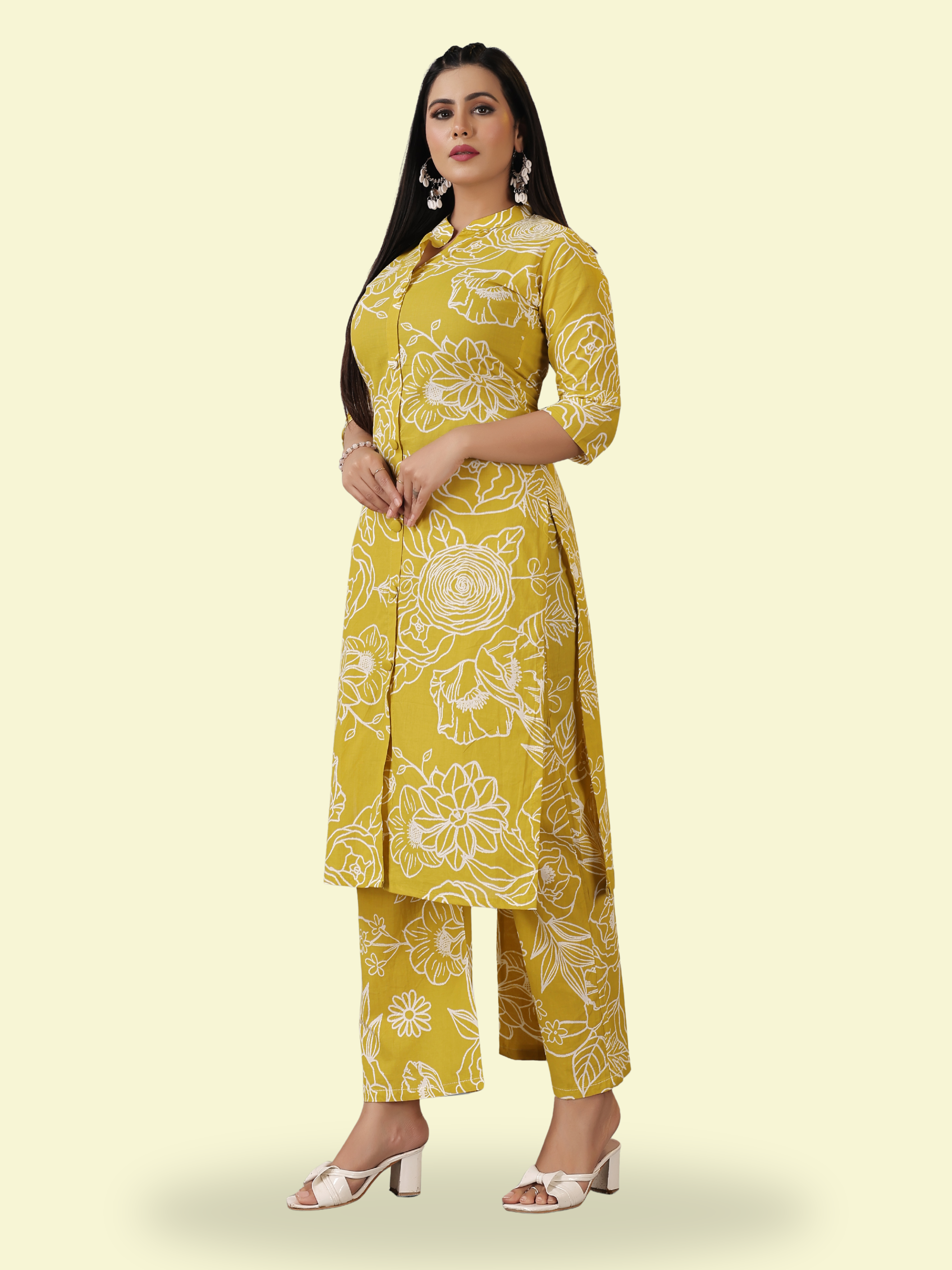Mustard 100% Cotton Cambric A-Line Kurti & Pant Set