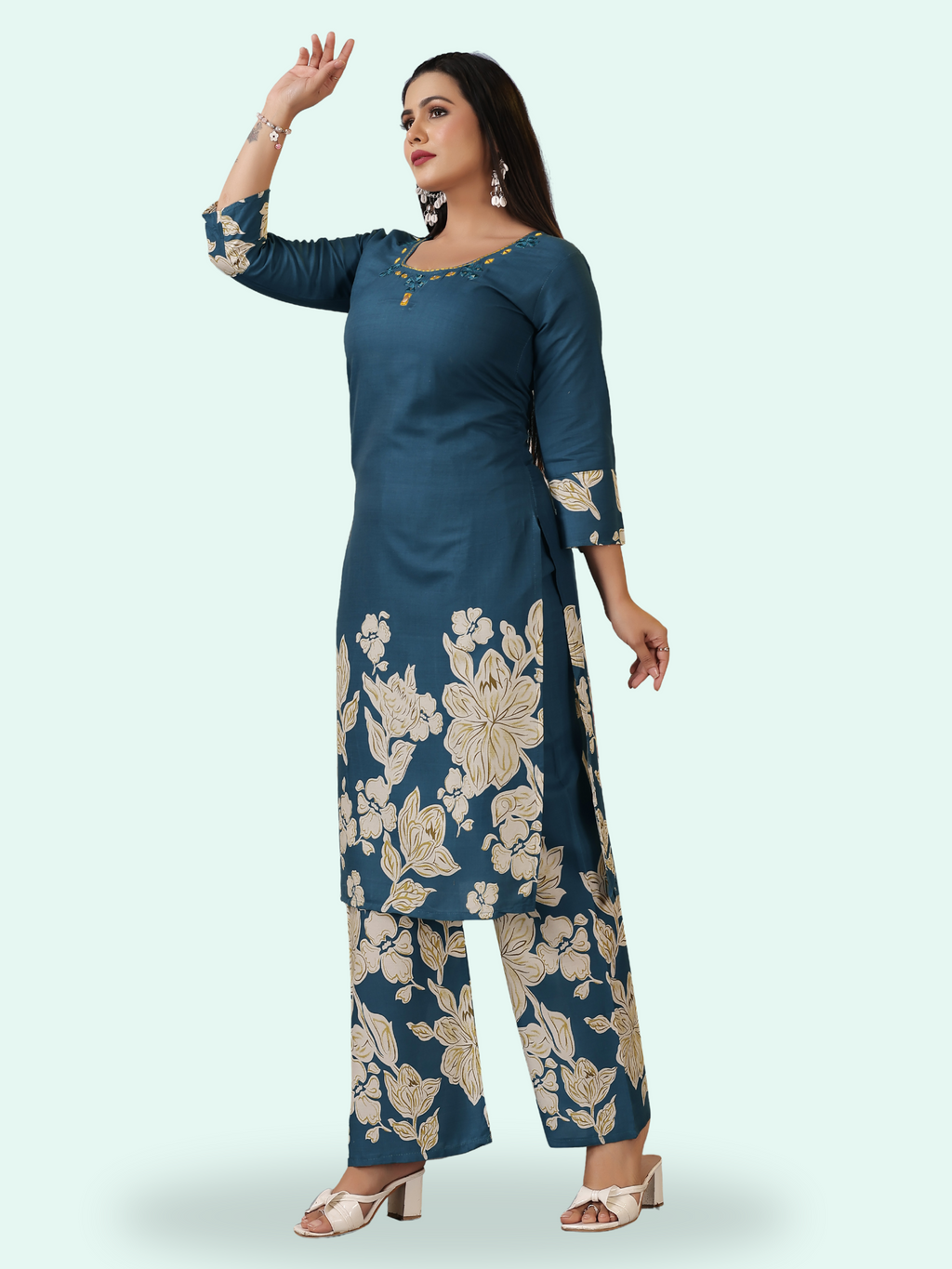 Steel Blue Floral Print Rayon Cotton Coord Set