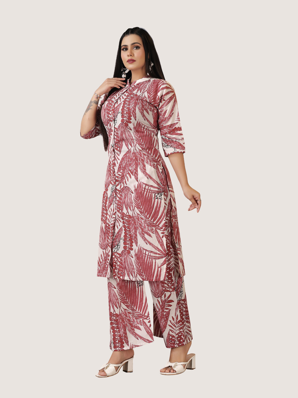 Maroon Cambric Cotton A-Line Kurti & Pant Set