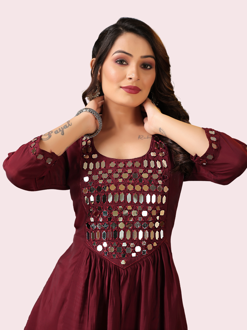 Mal Chanderi Anarkali Kurti with Mirror Work, Pant & Dupatta