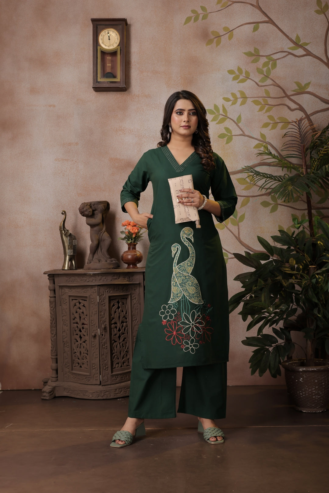 Dark Green Cotton Coord Set with V-neck, Peacocks & Floral Embroidery