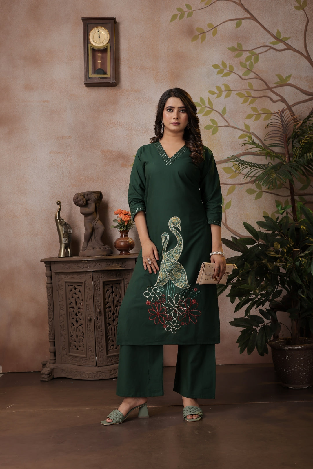Dark Green Cotton Coord Set with V-neck, Peacocks & Floral Embroidery