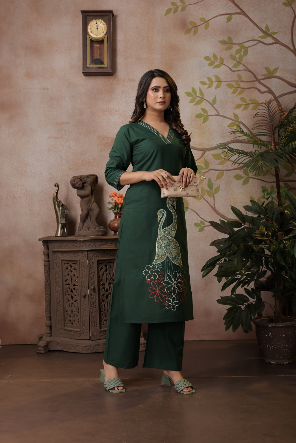 Dark Green Cotton Coord Set with V-neck, Peacocks & Floral Embroidery
