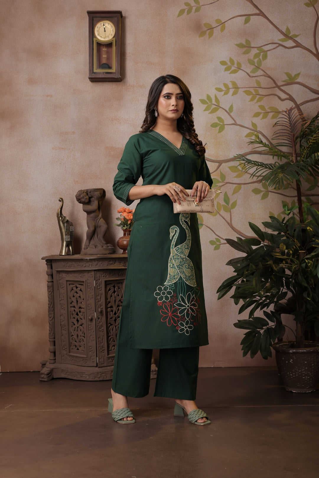 Dark Green Cotton Coord Set with V-neck, Peacocks & Floral Embroidery