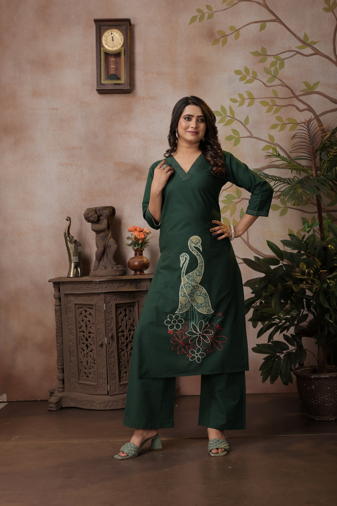 Dark Green Cotton Coord Set with V-neck, Peacocks & Floral Embroidery