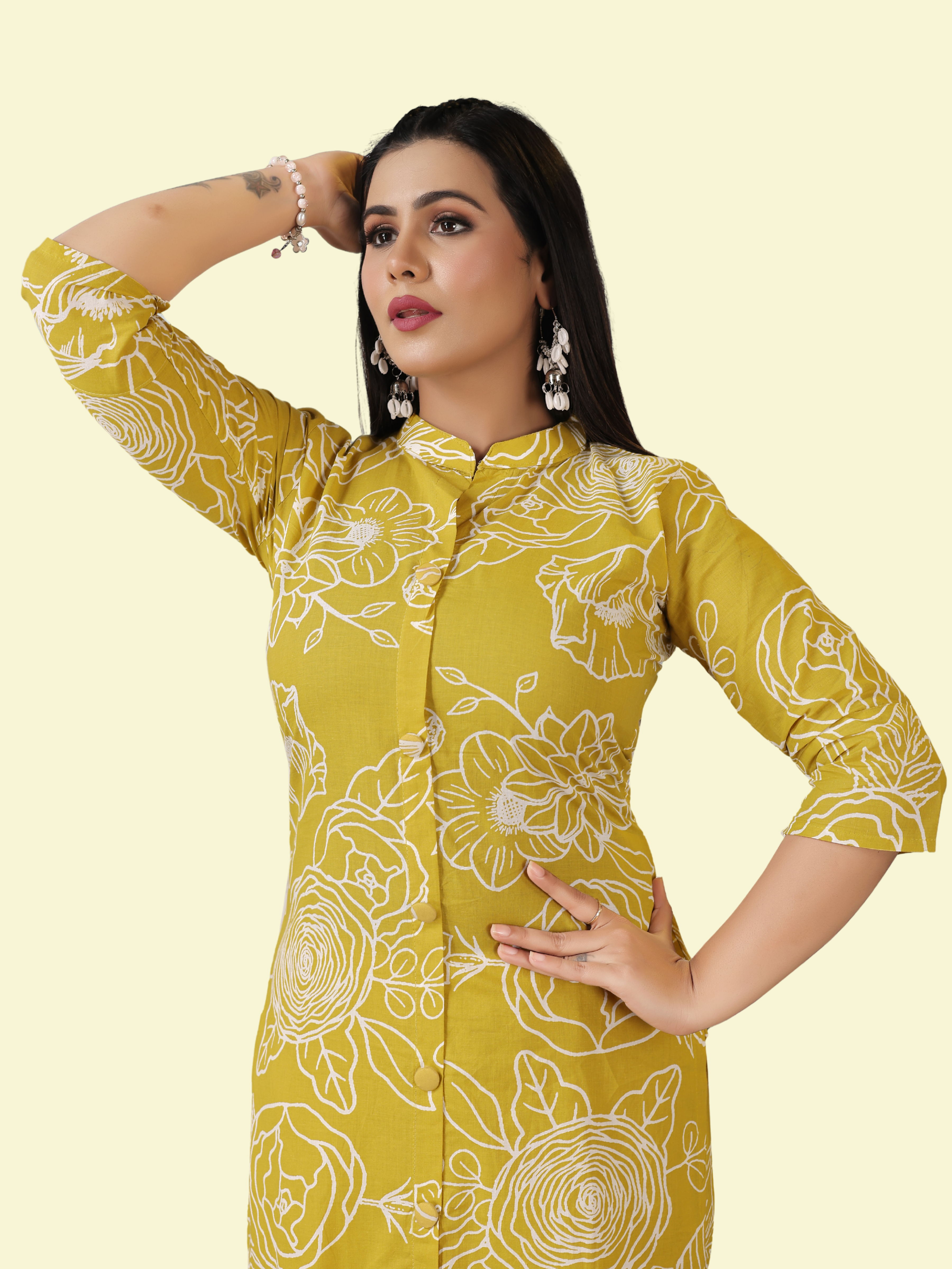 Mustard 100% Cotton Cambric A-Line Kurti & Pant Set