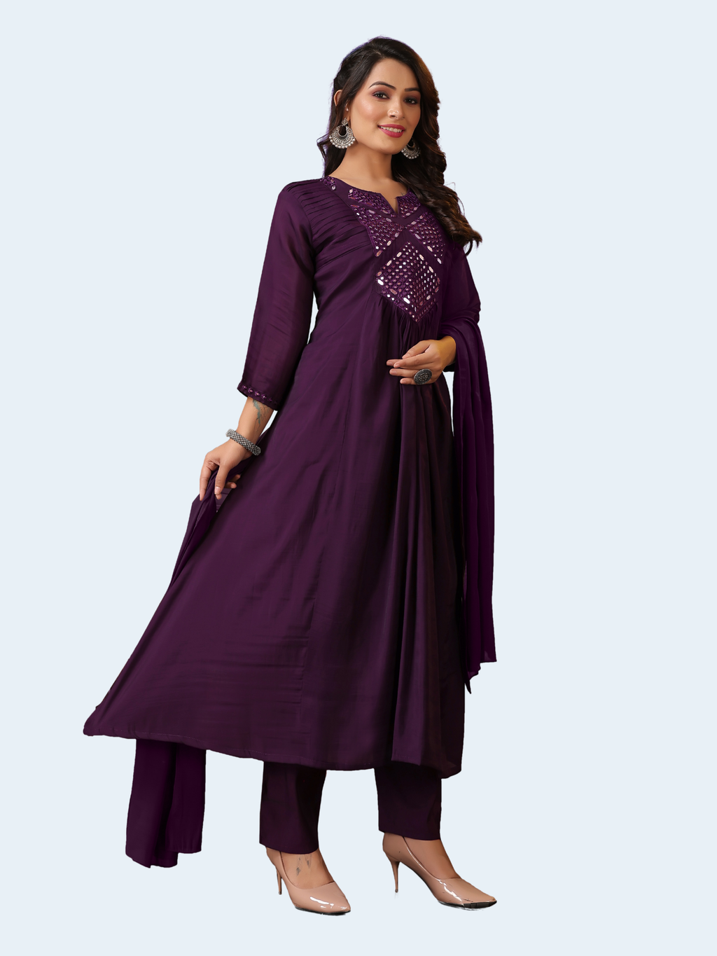 Violet Mal Chanderi Mirror Work Anarkali Kurti Set with Pants & Dupatta