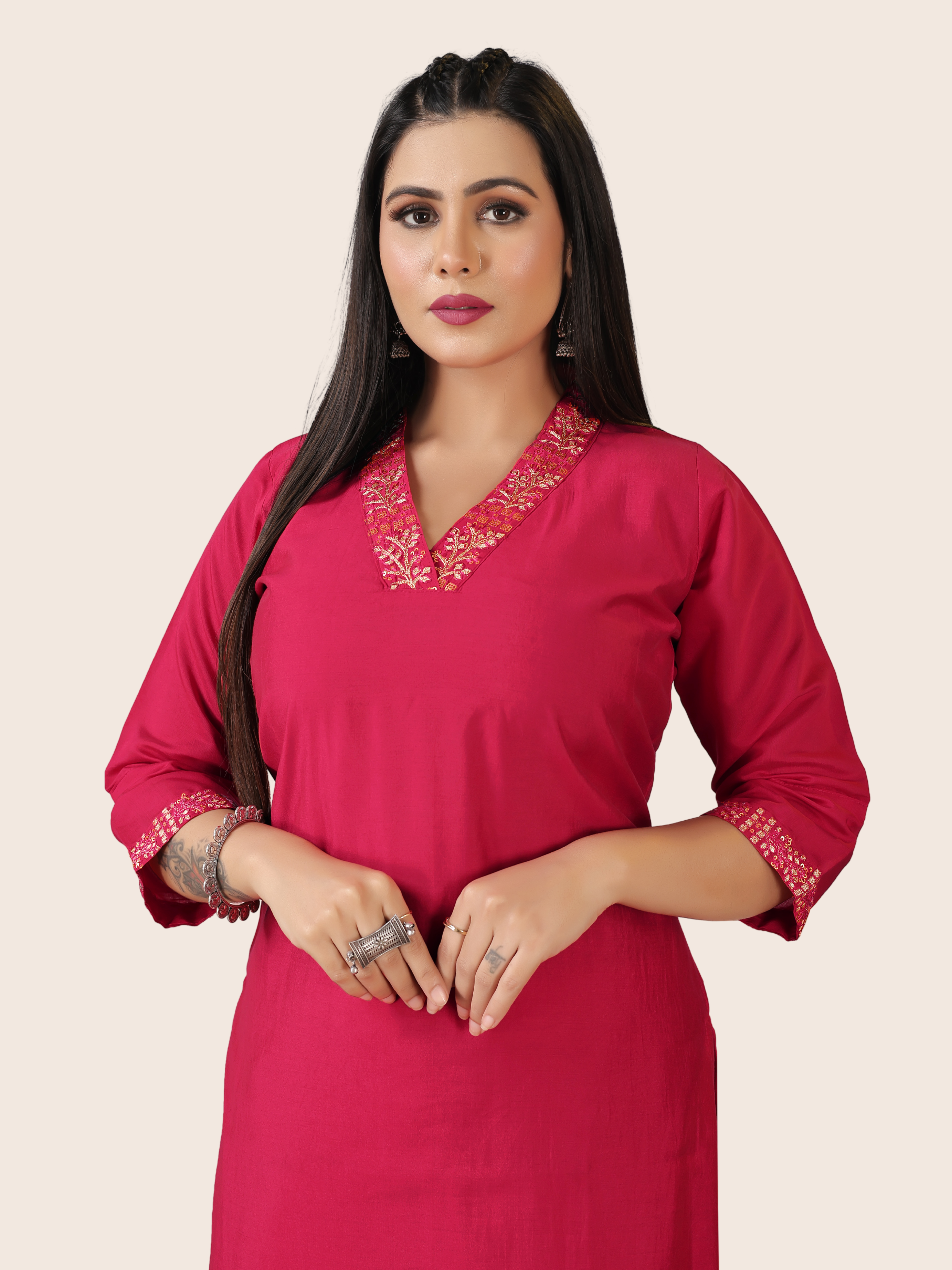 V Neck Roman Silk 3 Piece Suit Set - Raspberry Red | Embroidered with Cotton Linen & Digital Dupatta