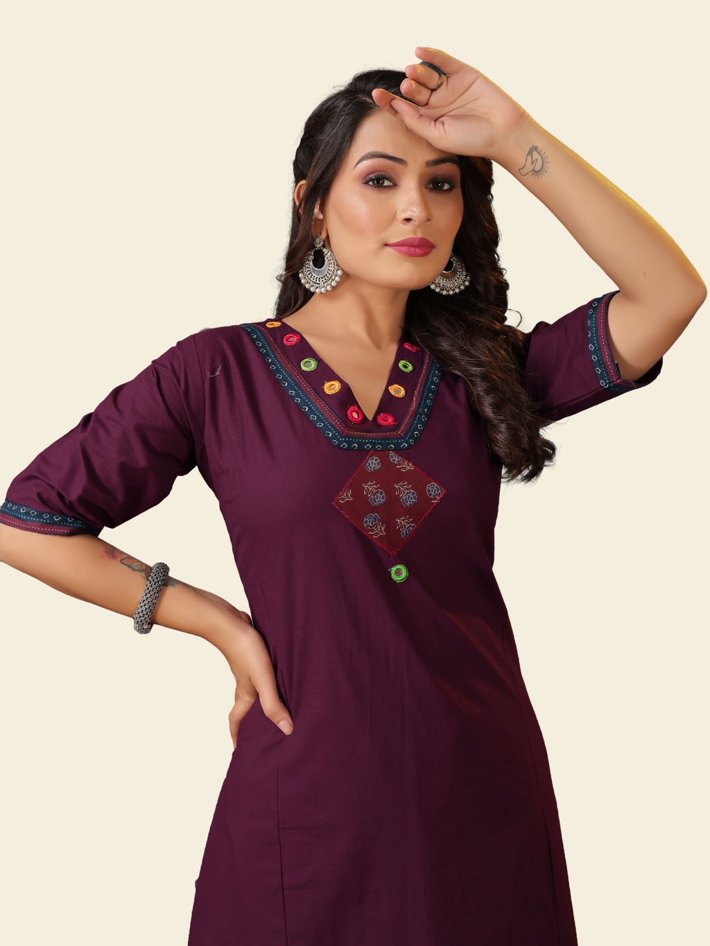 Purple Dhabu Cotton Kaly Mirror Work Kurti Set