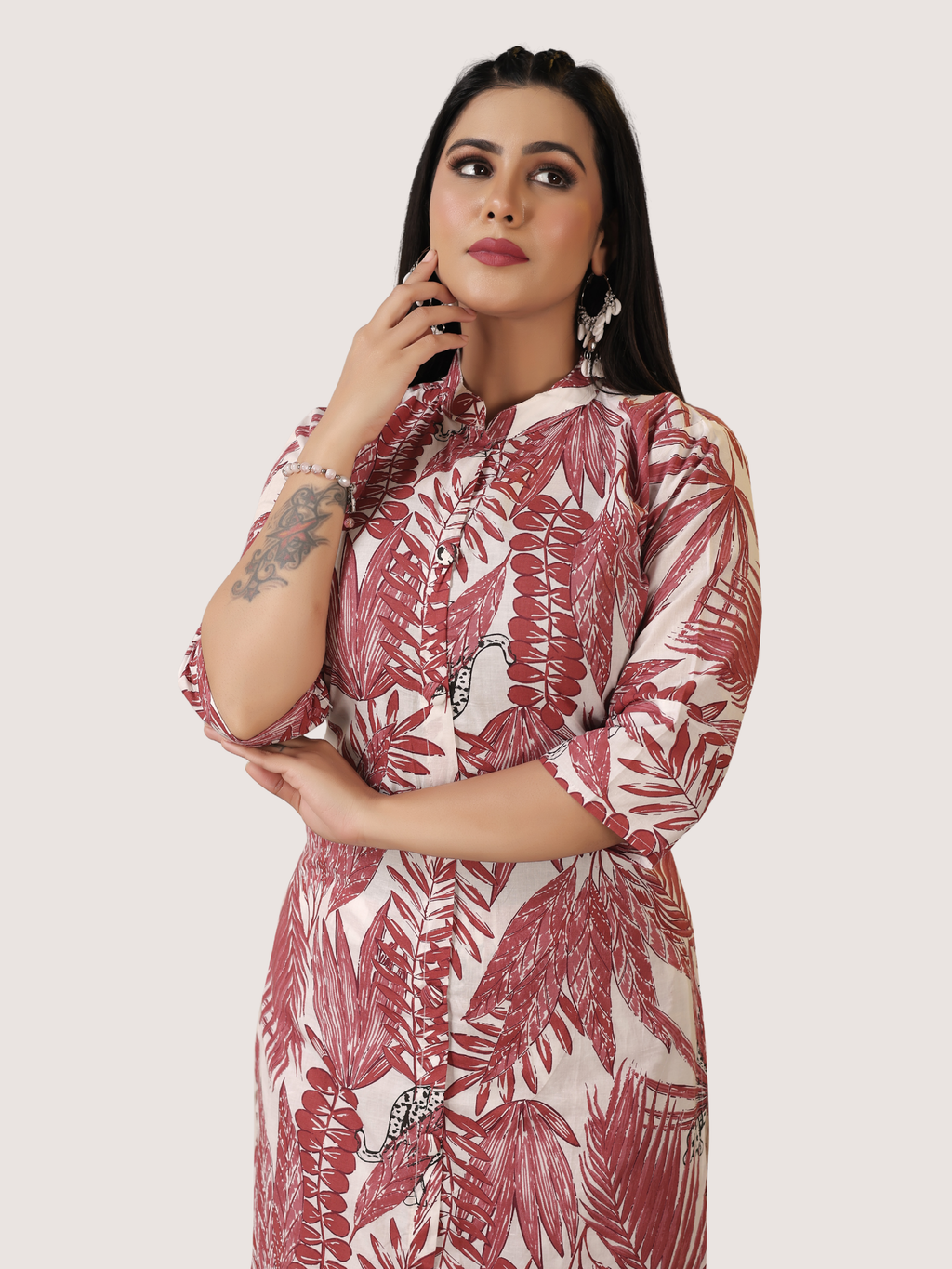 Maroon Cambric Cotton A-Line Kurti & Pant Set