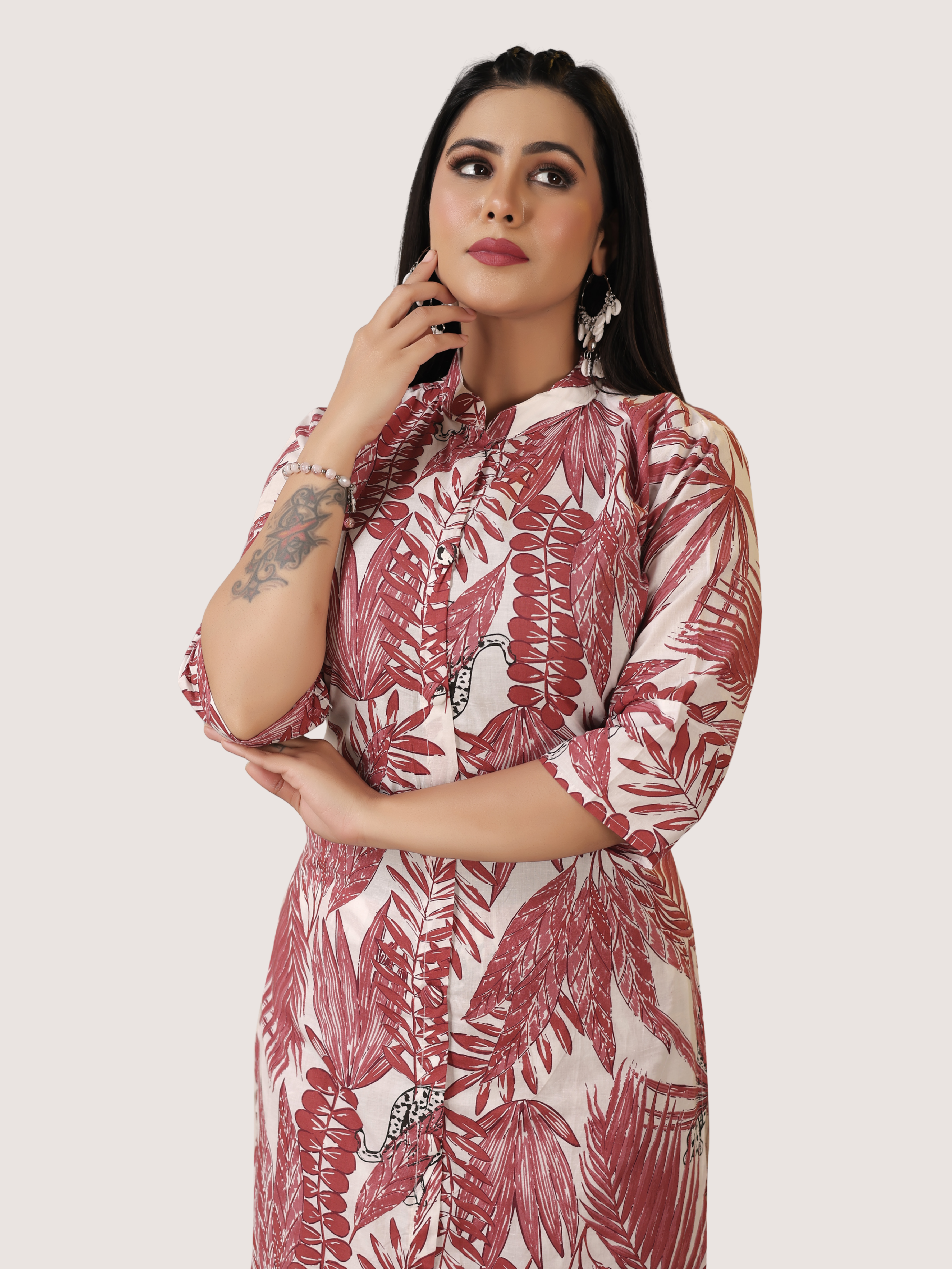 Maroon Cambric Cotton A-Line Kurti & Pant Set