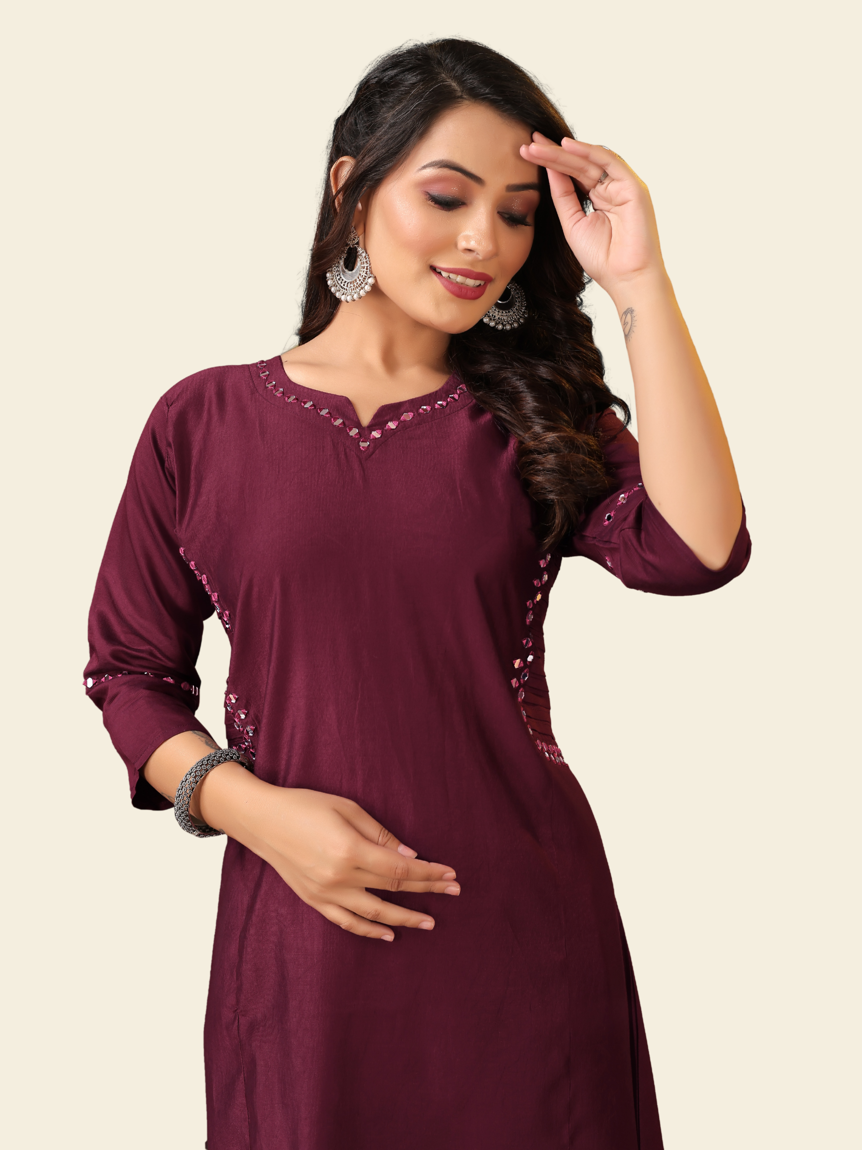 Gadhval Maroon A-Line Kurti with Mirror Detailing and Pant