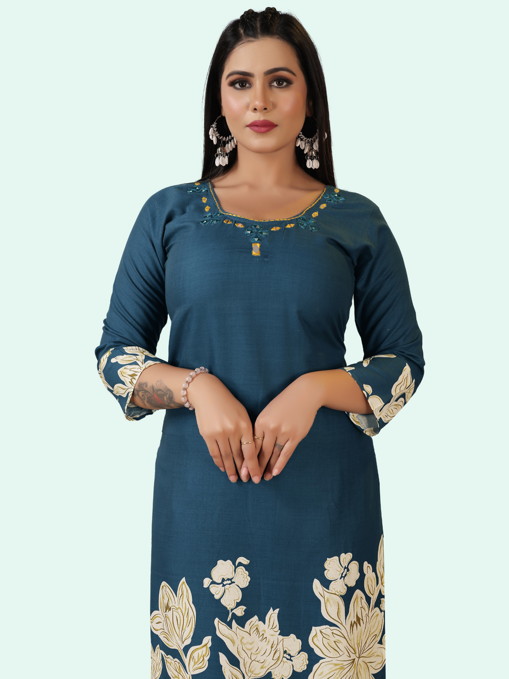 Steel Blue Floral Print Rayon Cotton Coord Set