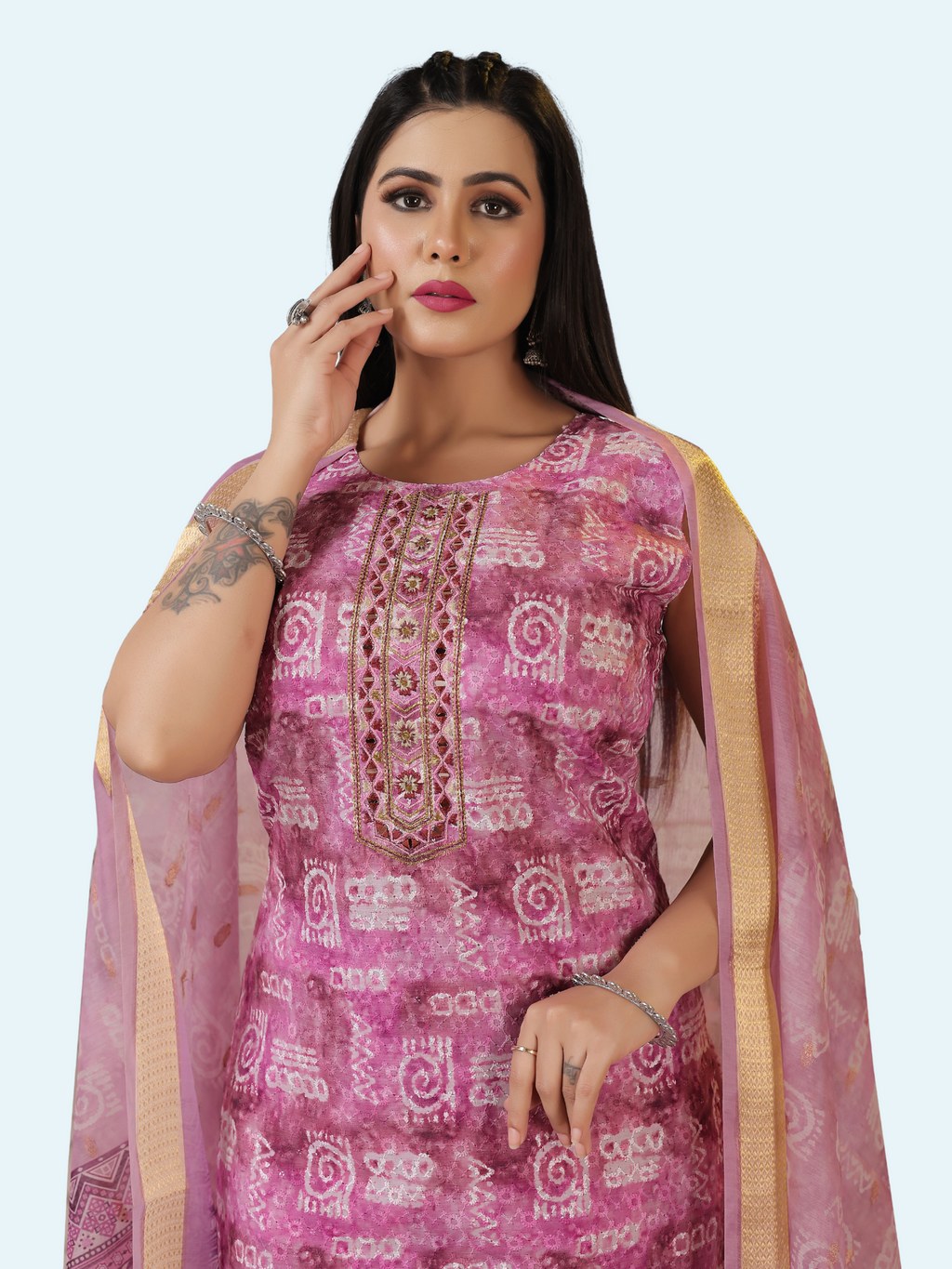Mauve Rose Pink 3-Piece Suit with Chikan Embroidery, Digital Print & Mirror Work | Sleeveless Kurti, Embroidered Pants & Digital Dupatta