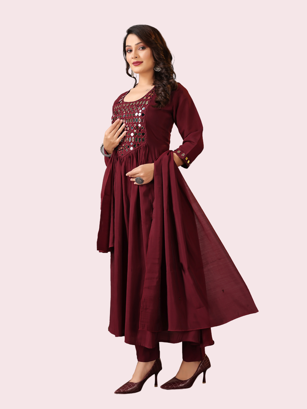 Mal Chanderi Anarkali Kurti with Mirror Work, Pant & Dupatta
