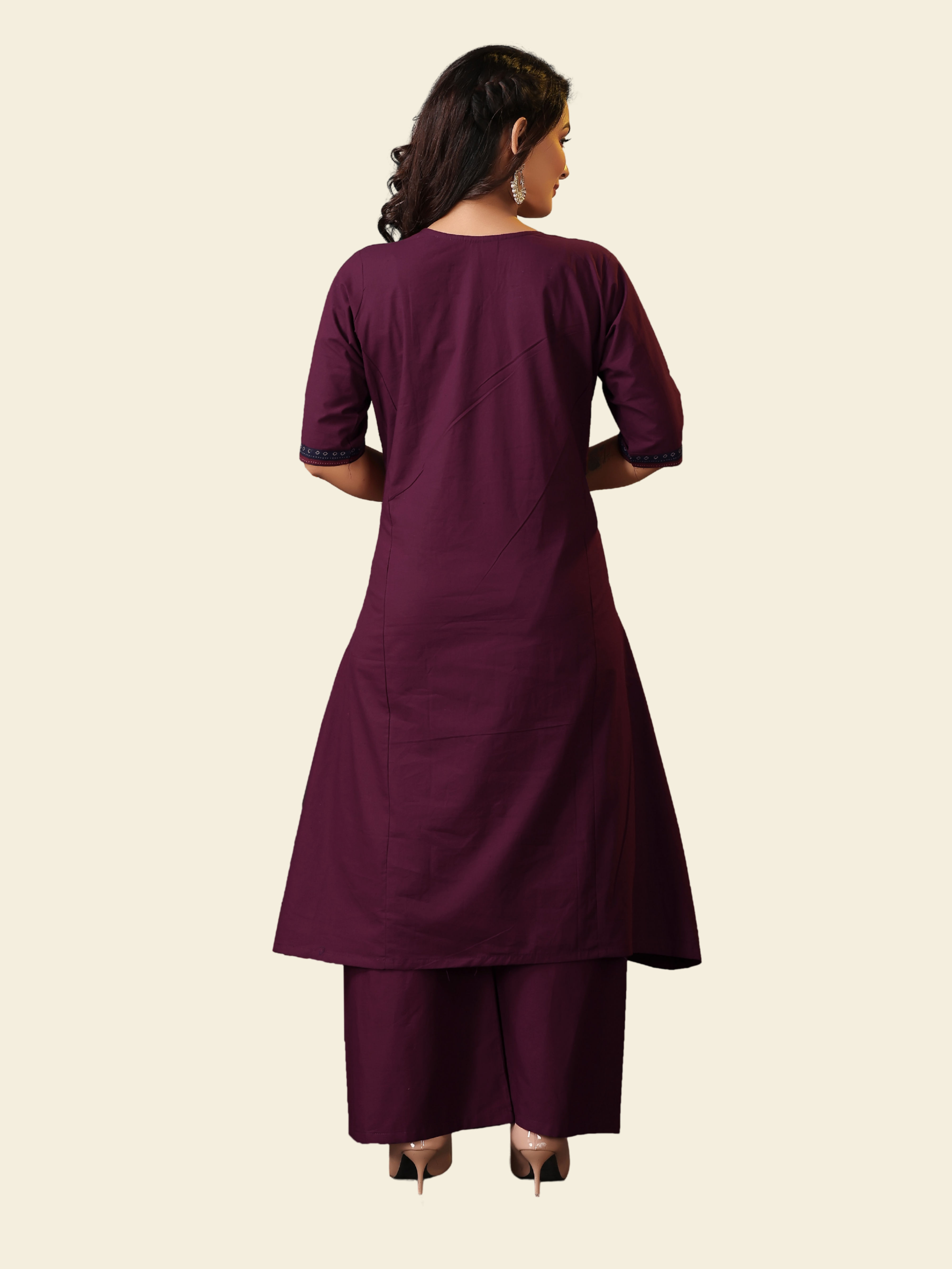 Purple Dhabu Cotton Kaly Mirror Work Kurti Set