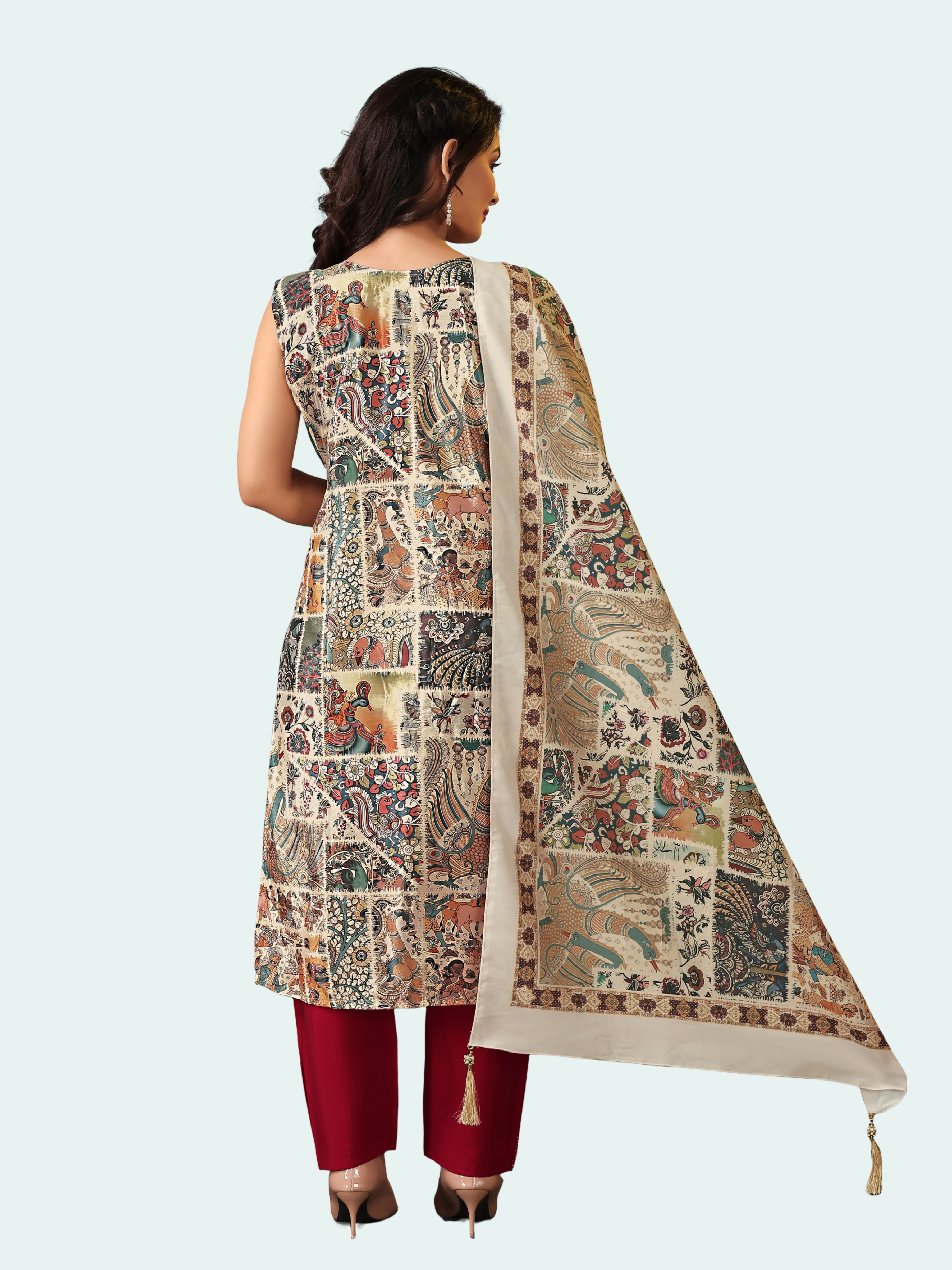 Chinon Silk Block Patch Print Suit Set with Handwork | Pockets & Dupatta