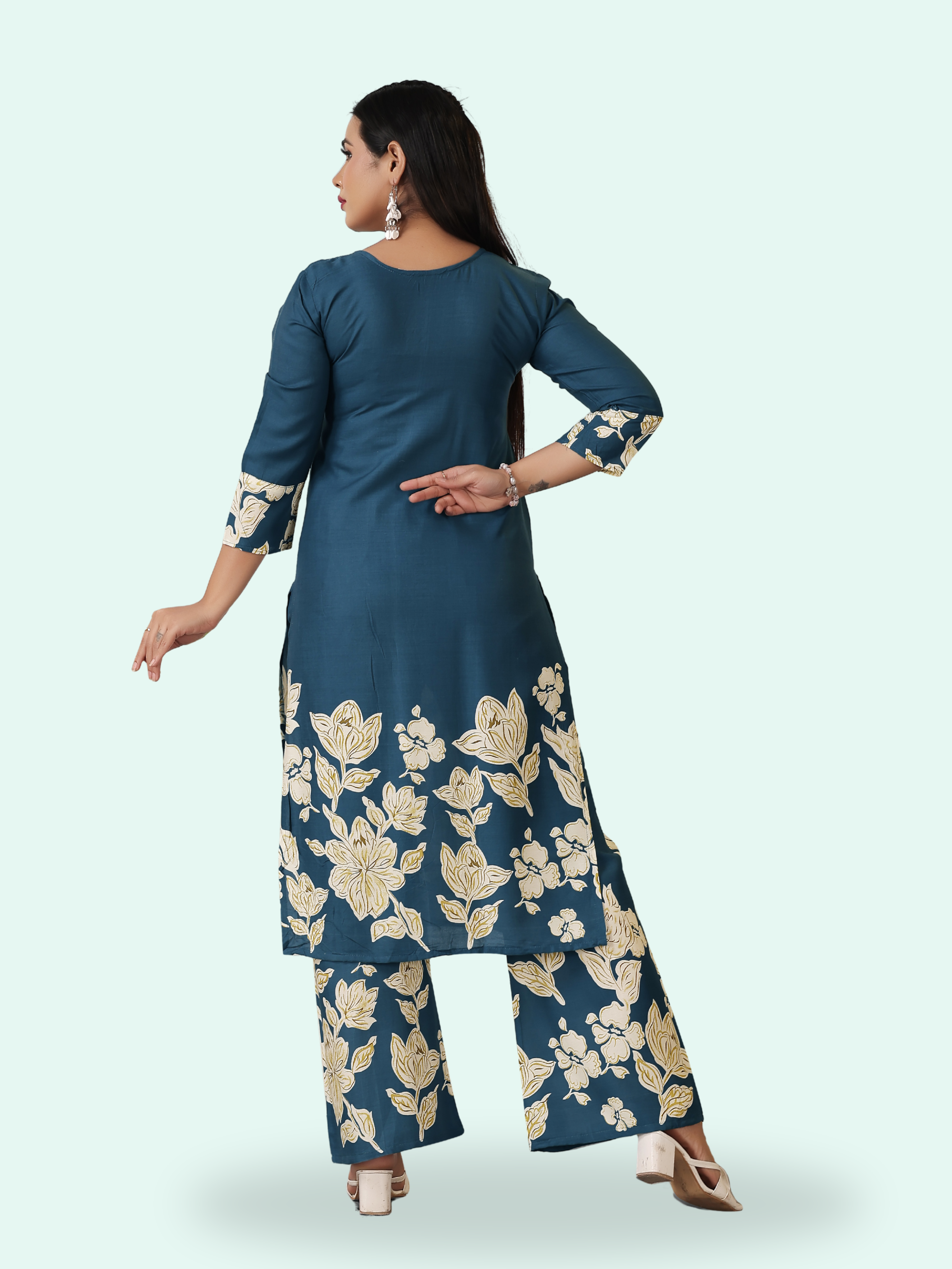 Steel Blue Floral Print Rayon Cotton Coord Set