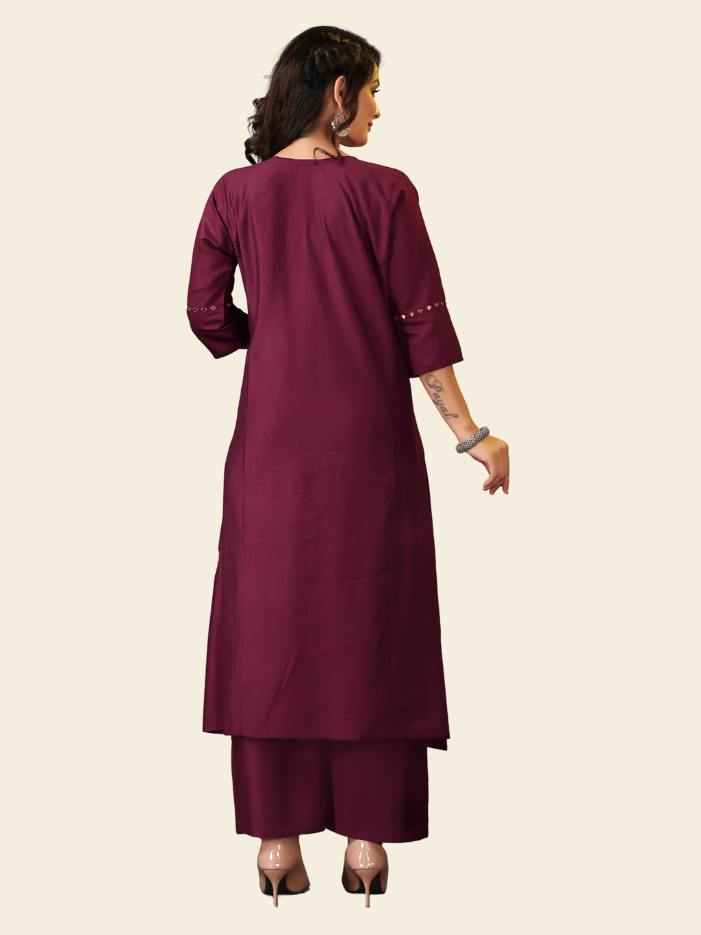 Gadhval Maroon A-Line Kurti with Mirror Detailing and Pant