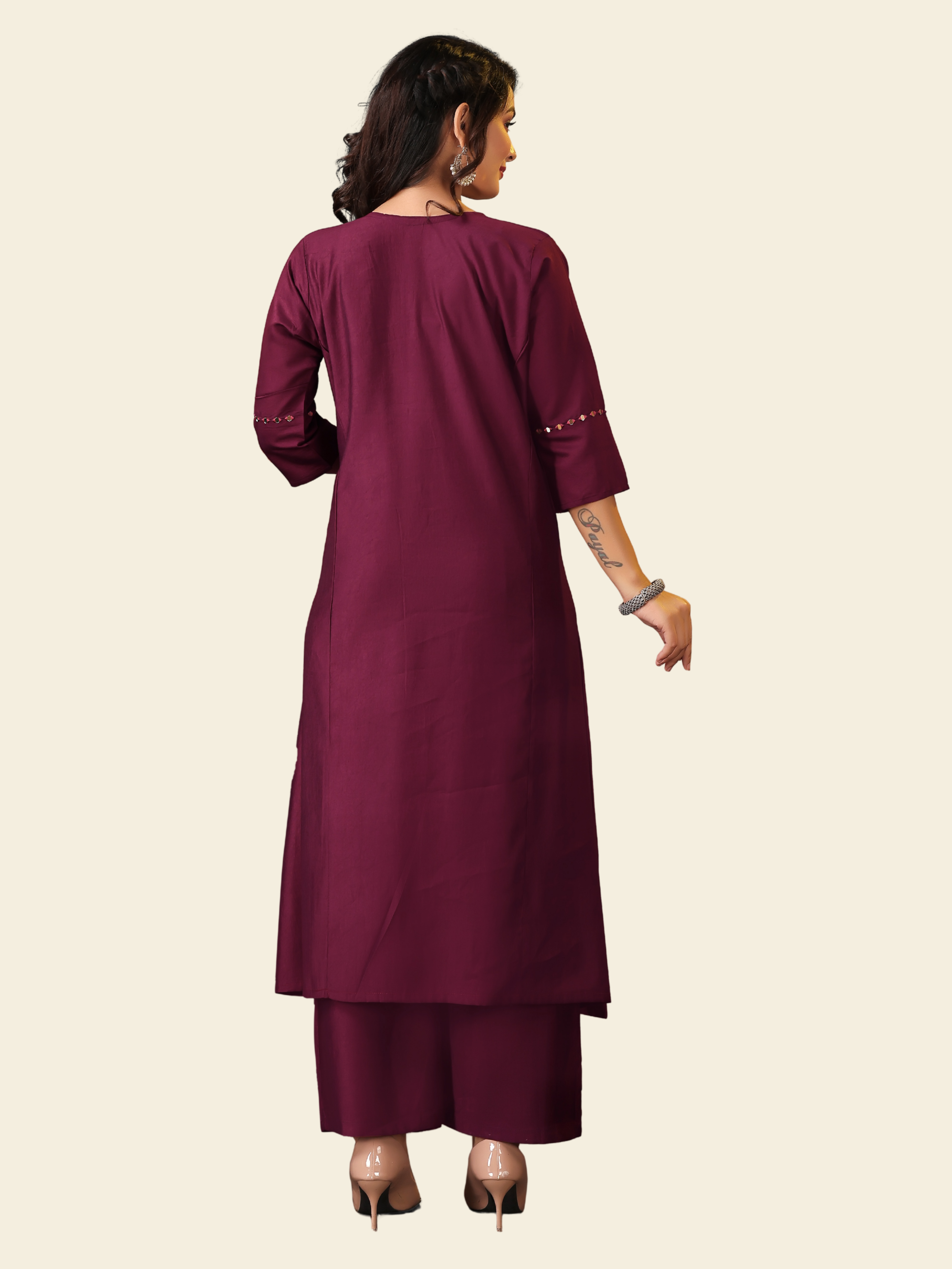 Gadhval Maroon A-Line Kurti with Mirror Detailing and Pant