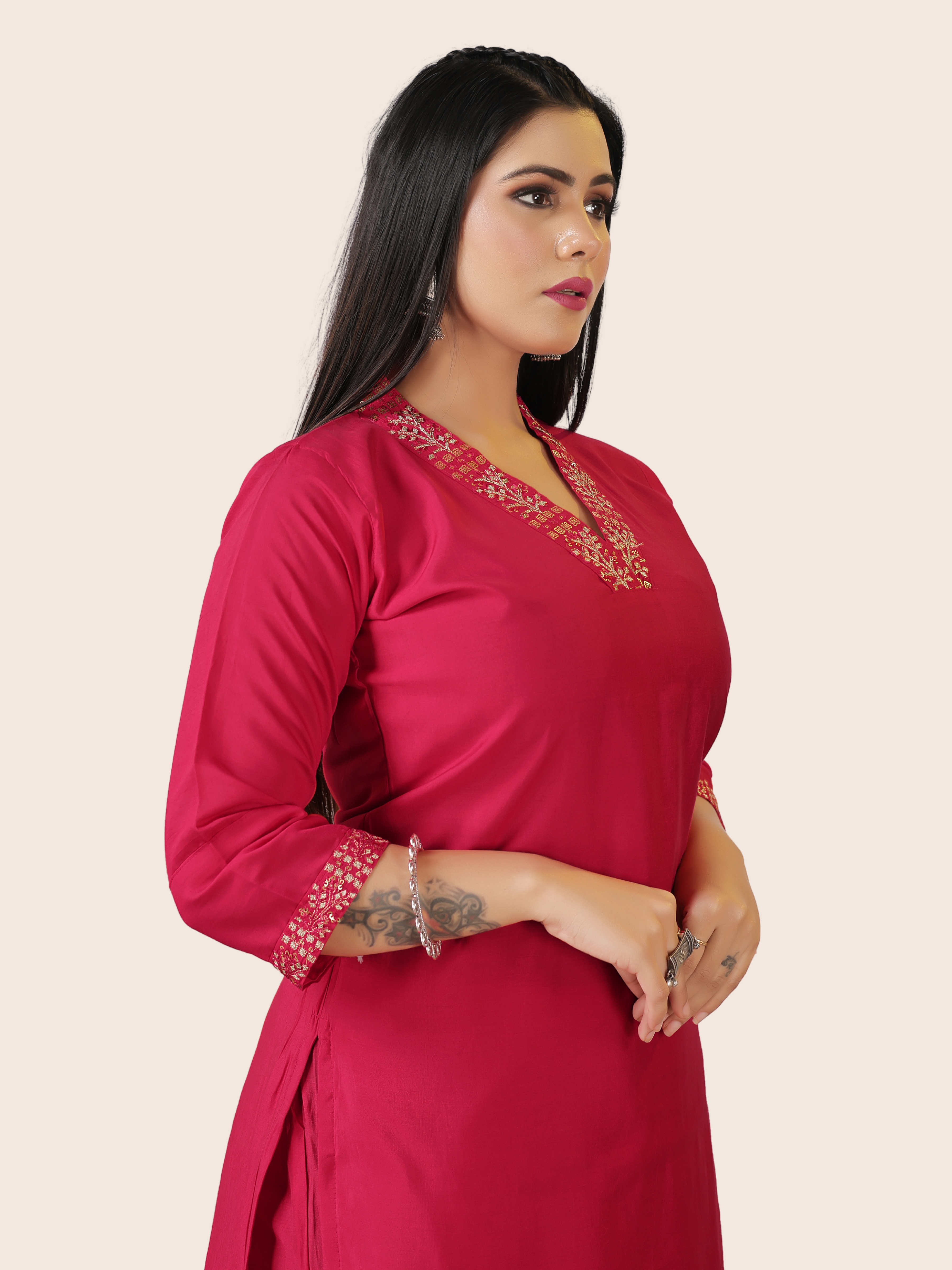 V Neck Roman Silk 3 Piece Suit Set - Raspberry Red | Embroidered with Cotton Linen & Digital Dupatta