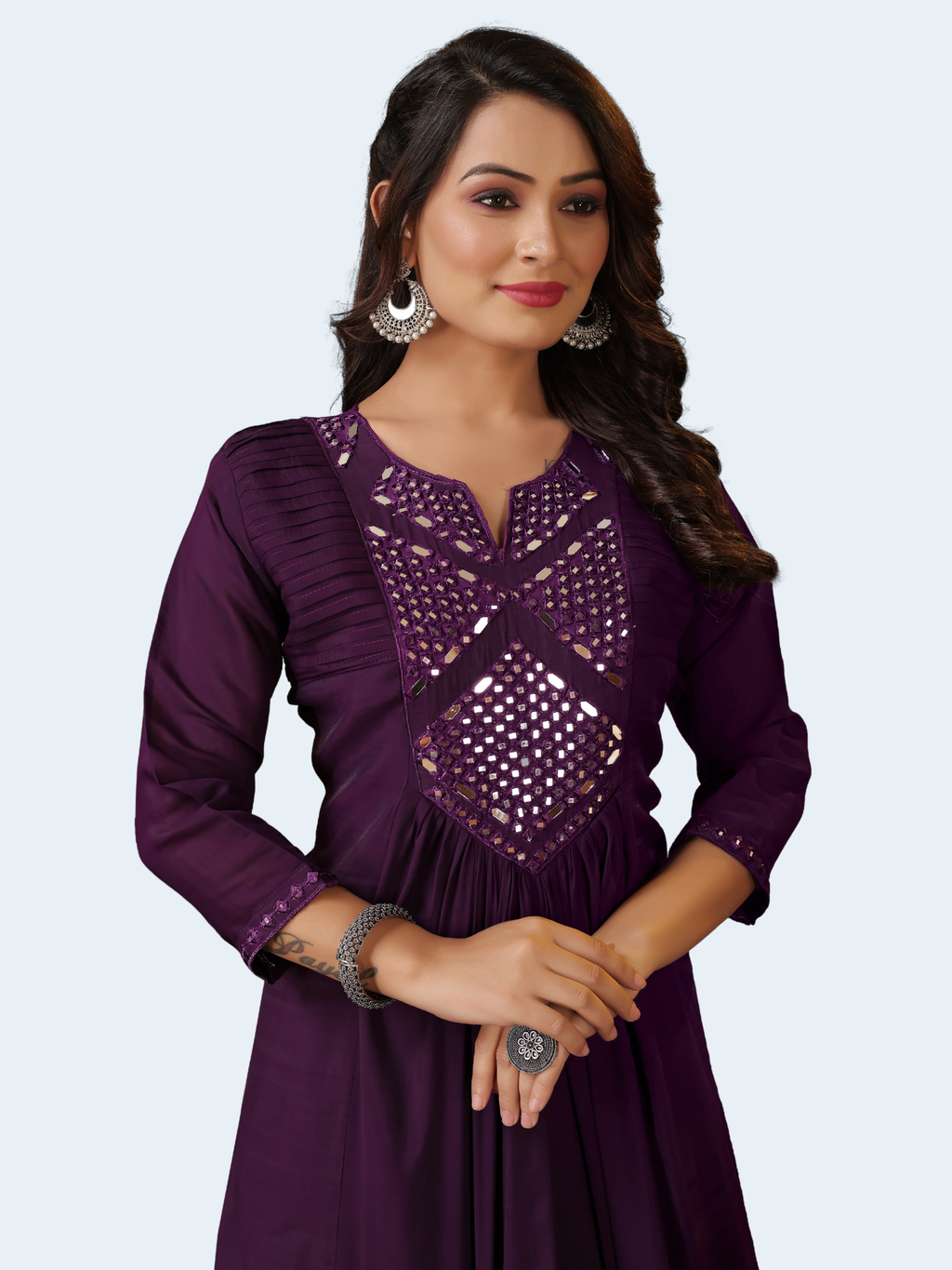 Violet Mal Chanderi Mirror Work Anarkali Kurti Set with Pants & Dupatta