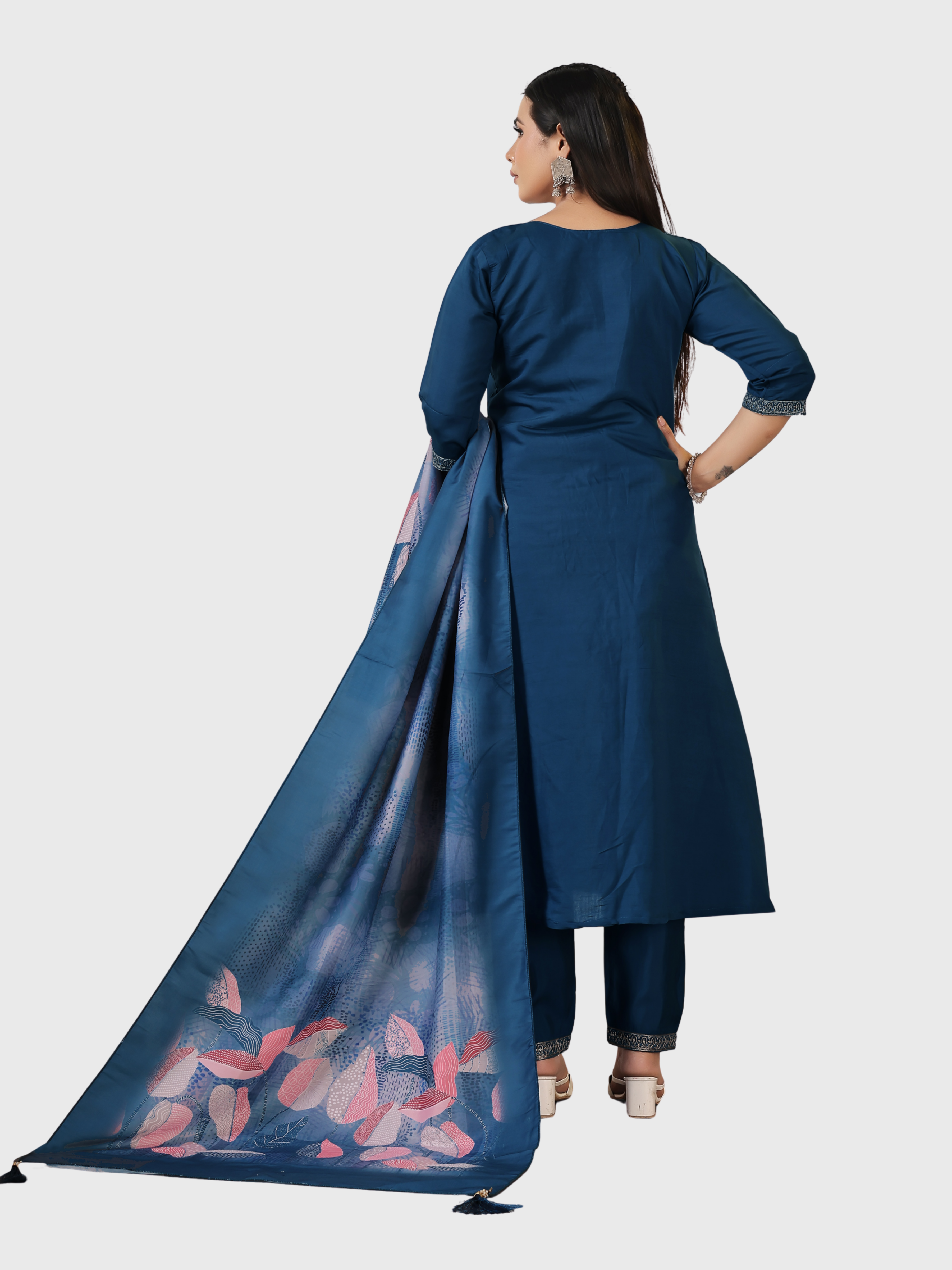Elegant Roman Silk Round Neck Suit Set –Navy Blue | Embroidered with Cotton Linen & Digital Dupatta