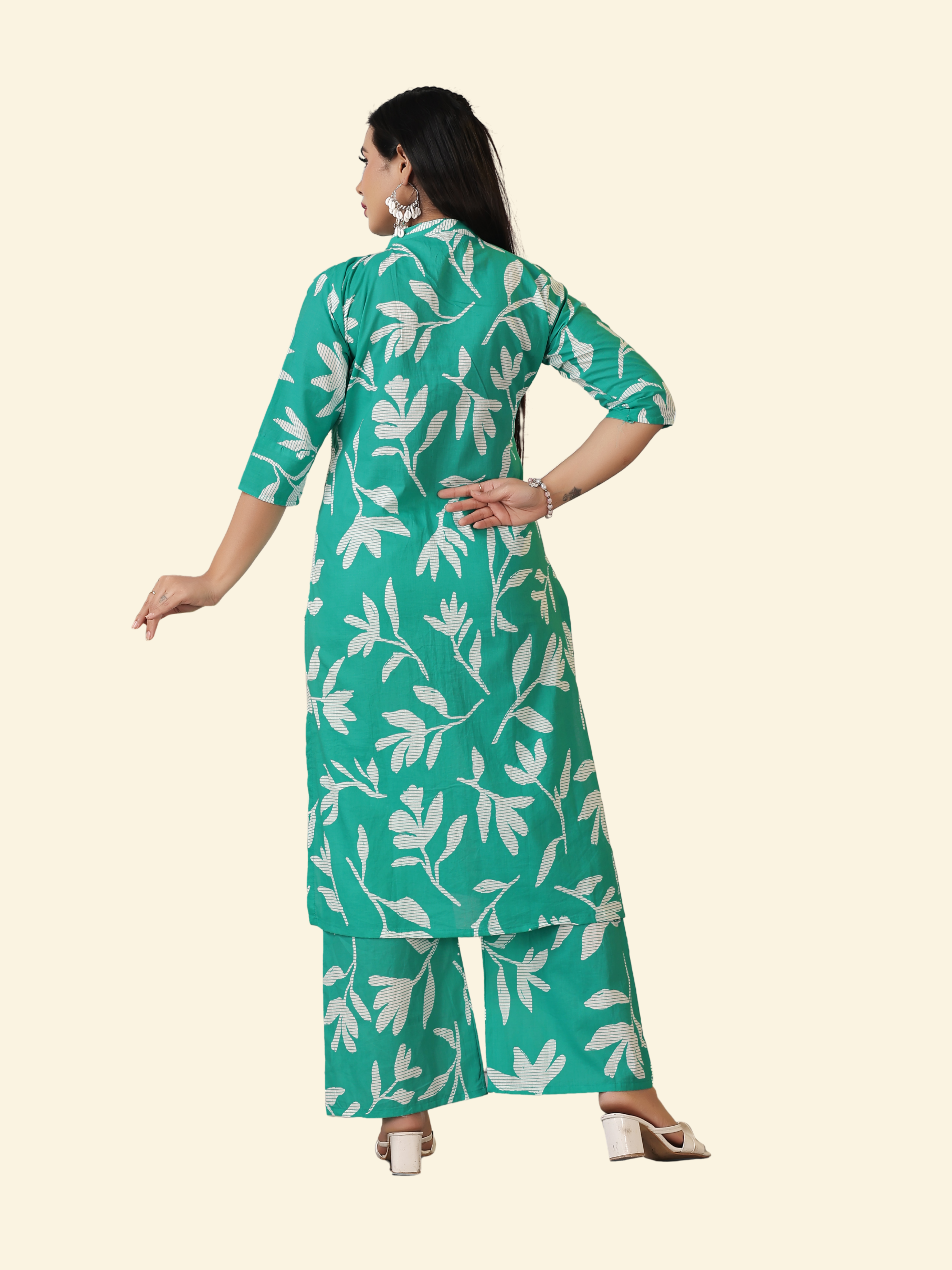 Teal Green Cotton Cambric A-Line Kurti & Pant Set