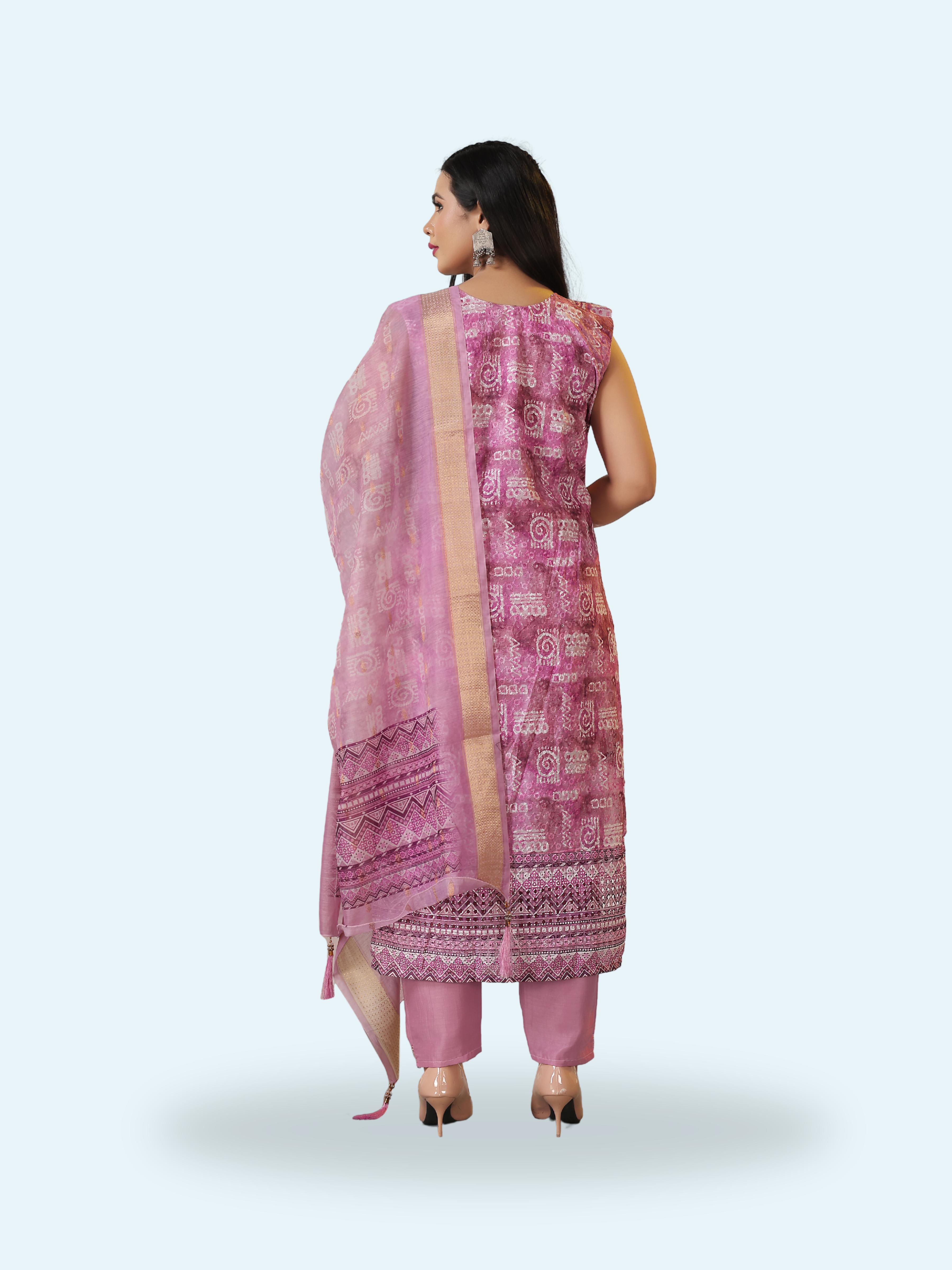 Mauve Rose Pink 3-Piece Suit with Chikan Embroidery, Digital Print & Mirror Work | Sleeveless Kurti, Embroidered Pants & Digital Dupatta