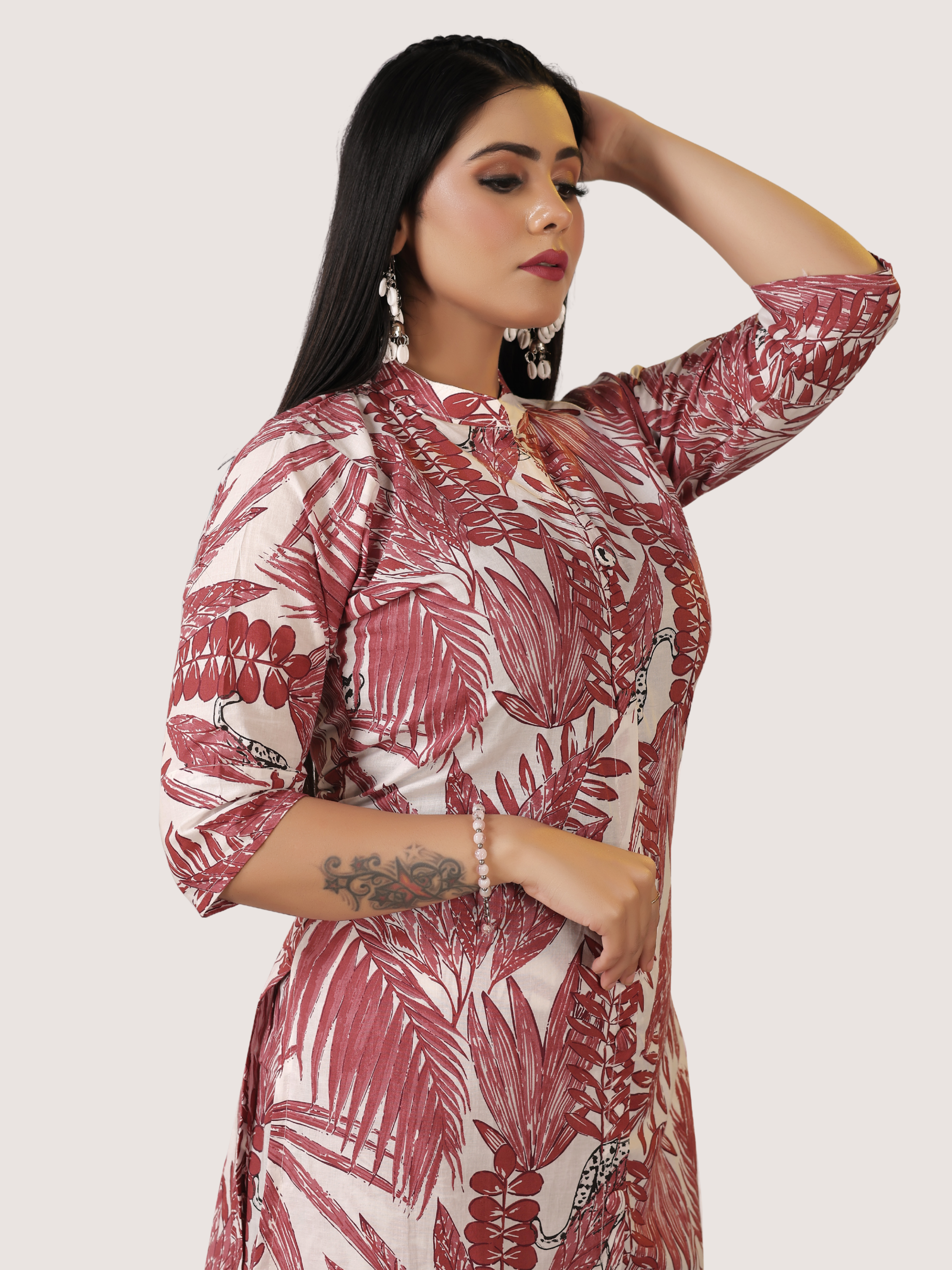 Maroon Cambric Cotton A-Line Kurti & Pant Set