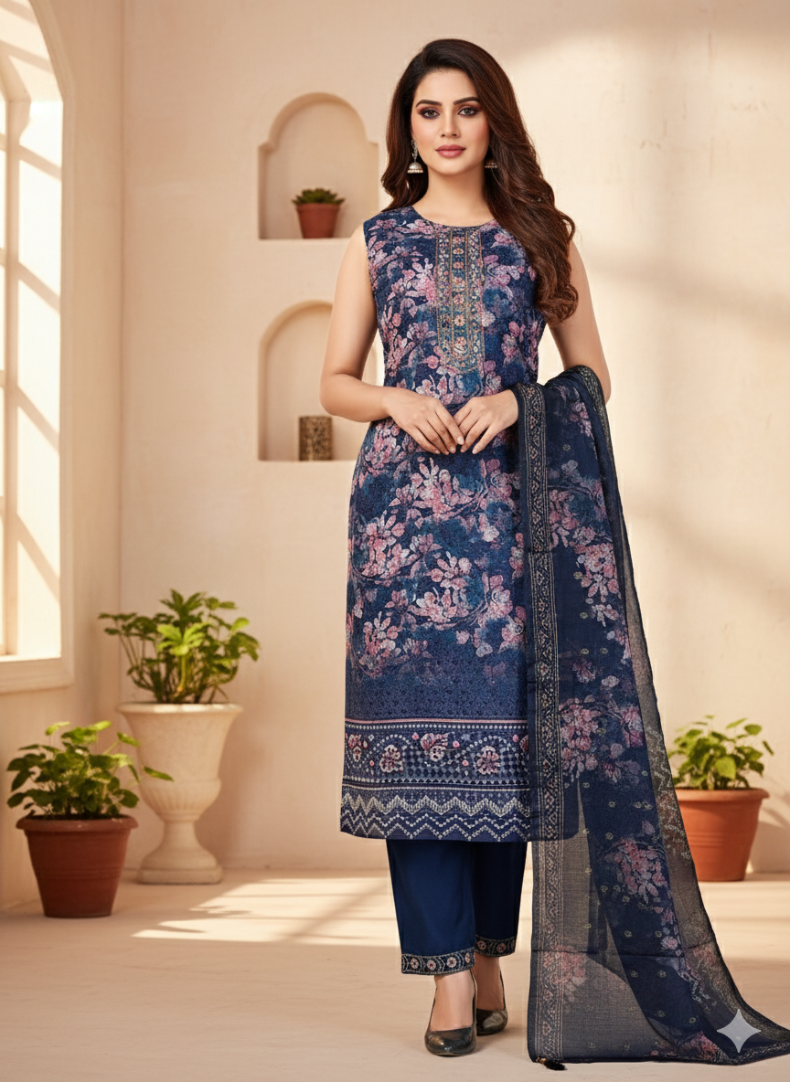Navy Blue 3-Piece Suit with Chikan Embroidery, Digital Print & Mirror Work | Sleeveless Kurti, Embroidered Pants & Digital Dupatta