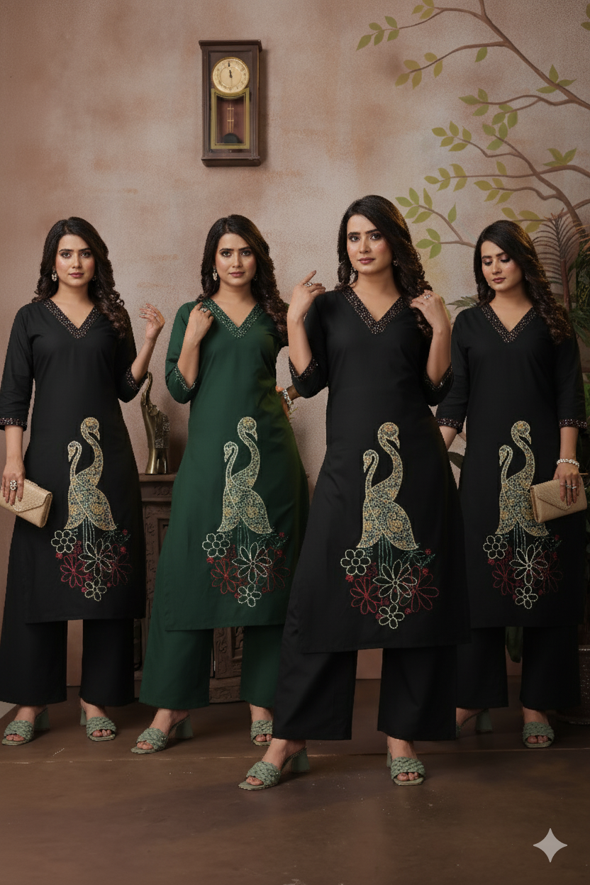 Black Cotton Coord Set with V-neckline, Peacocks & Floral Embroidery