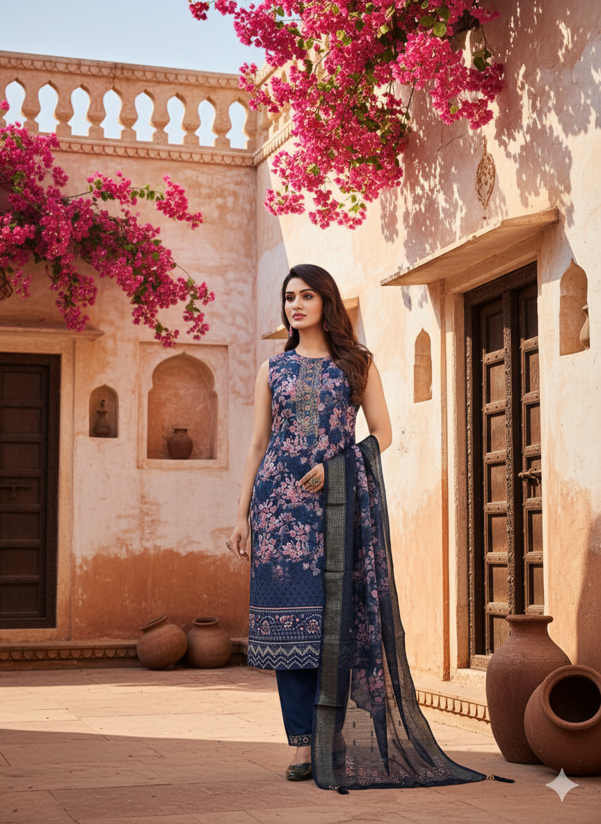 Navy Blue 3-Piece Suit with Chikan Embroidery, Digital Print & Mirror Work | Sleeveless Kurti, Embroidered Pants & Digital Dupatta