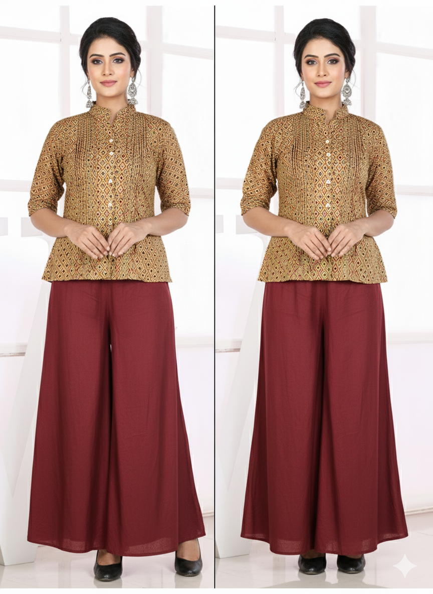 Brown Geometric Print Riyon Liva Approved Shirt Top with Mandarin Collar & 3/4th Sleeves