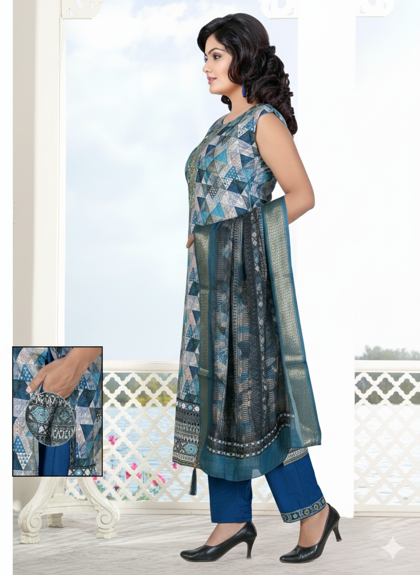 Navy Blue 3-Piece Suit with Chikan Embroidery, Digital Print & Mirror Work | Sleeveless Kurti, Embroidered Pants & Digital Dupatta