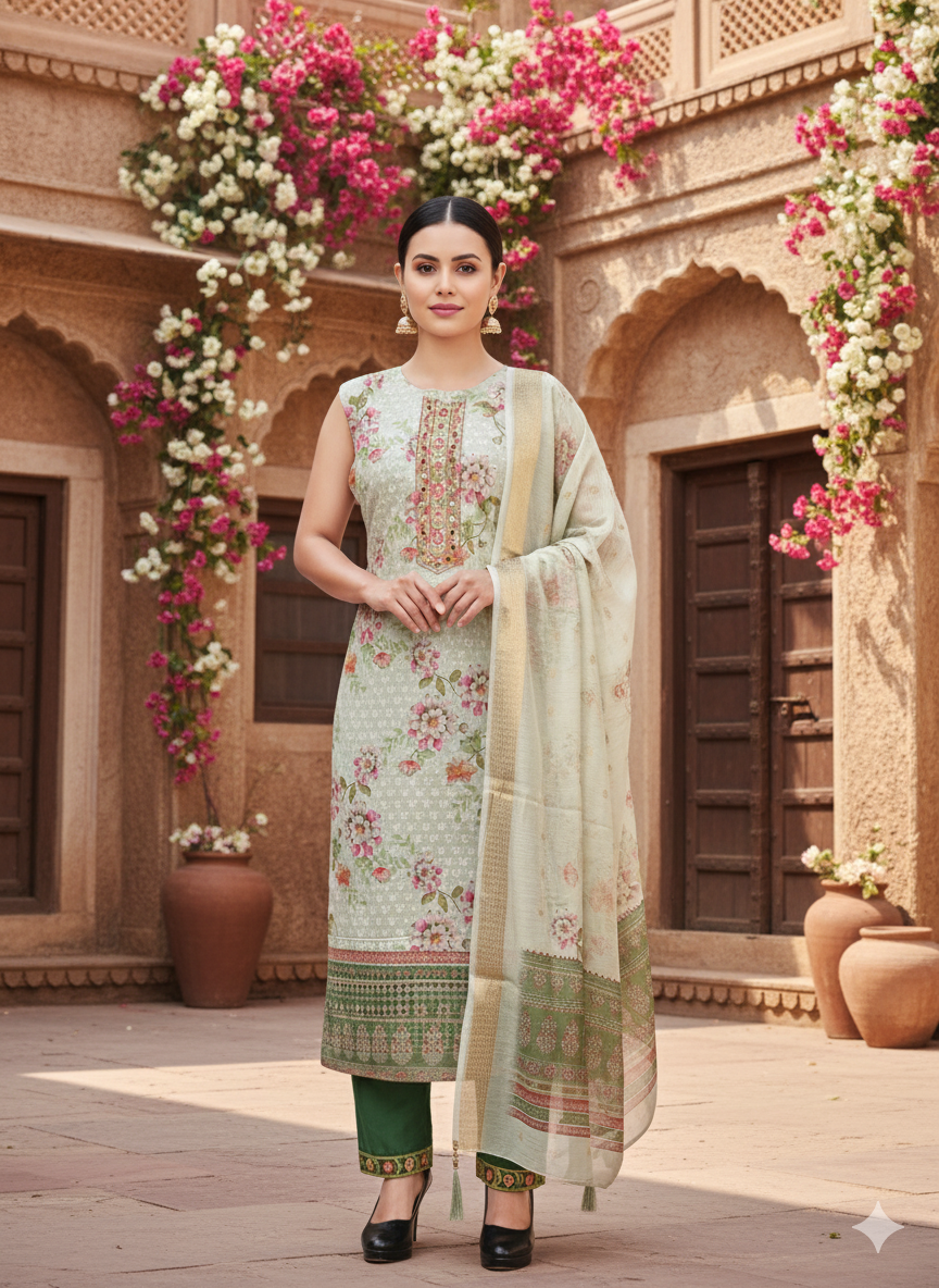 Light Green 3-Piece Suit with Chikan Embroidery, Digital Print & Mirror Work | Sleeveless Kurti, Embroidered Pants & Digital Dupatta