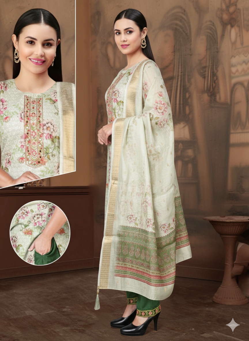 Light Green 3-Piece Suit with Chikan Embroidery, Digital Print & Mirror Work | Sleeveless Kurti, Embroidered Pants & Digital Dupatta