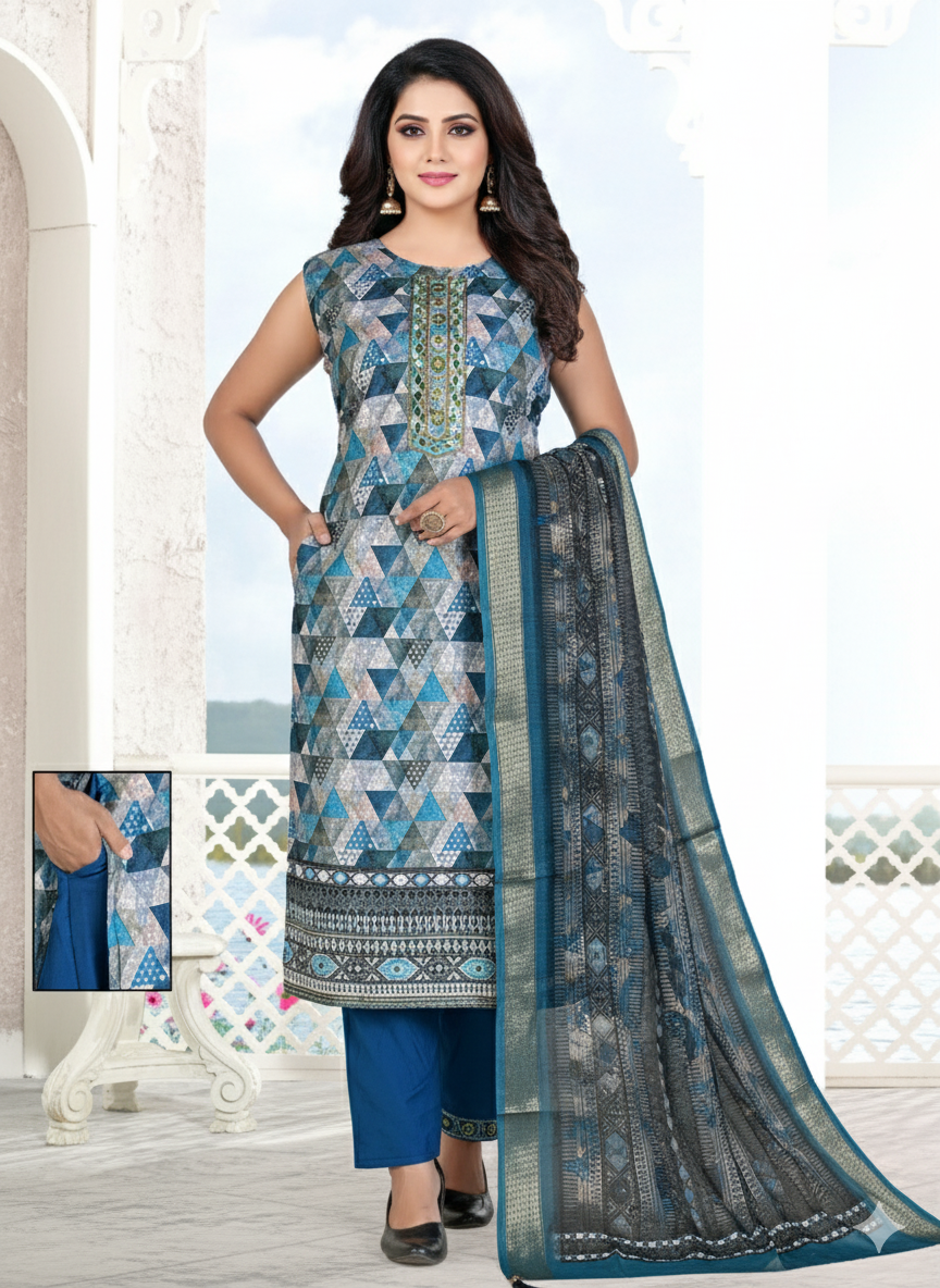 Navy Blue 3-Piece Suit with Chikan Embroidery, Digital Print & Mirror Work | Sleeveless Kurti, Embroidered Pants & Digital Dupatta