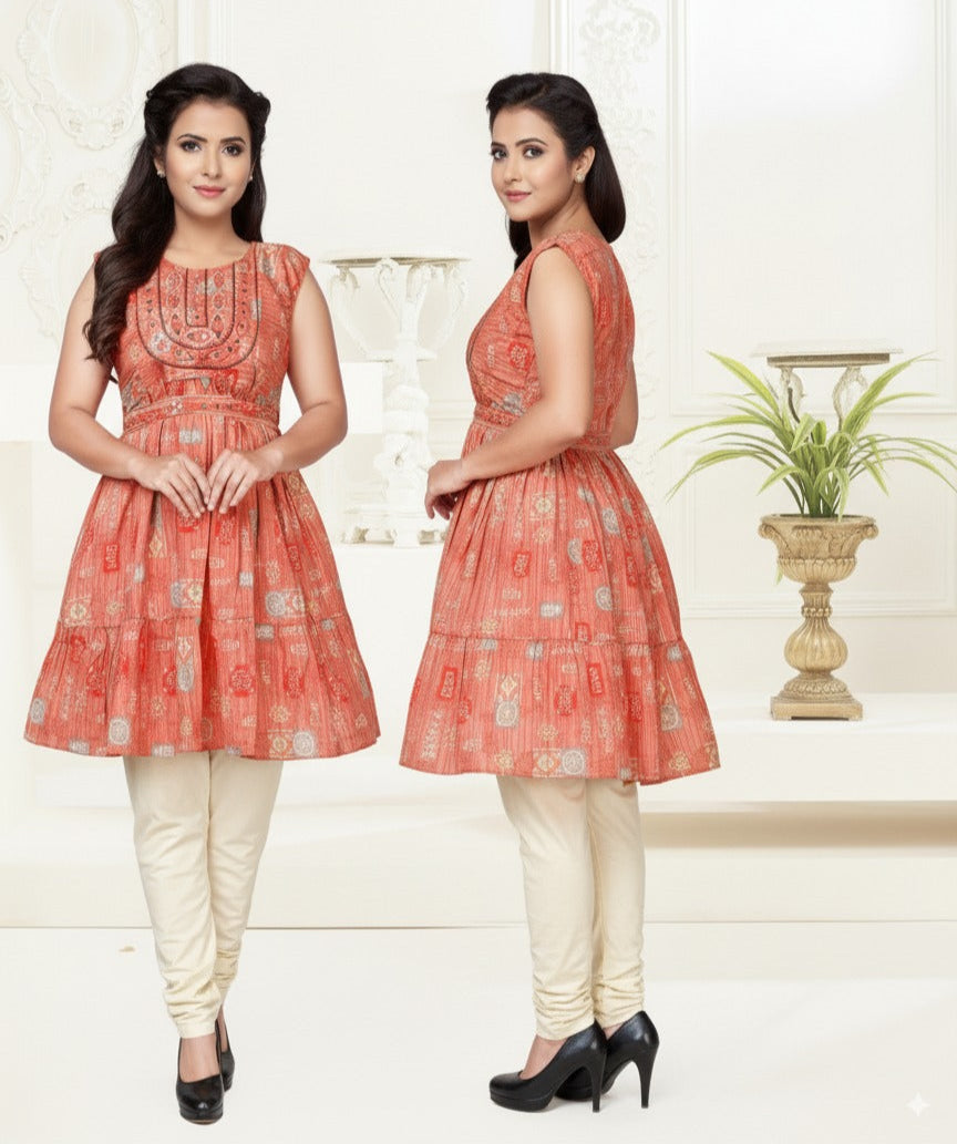 Peach Printed Modal Silk Long Umbrella Sleeveless Kurti with Cotton Lining