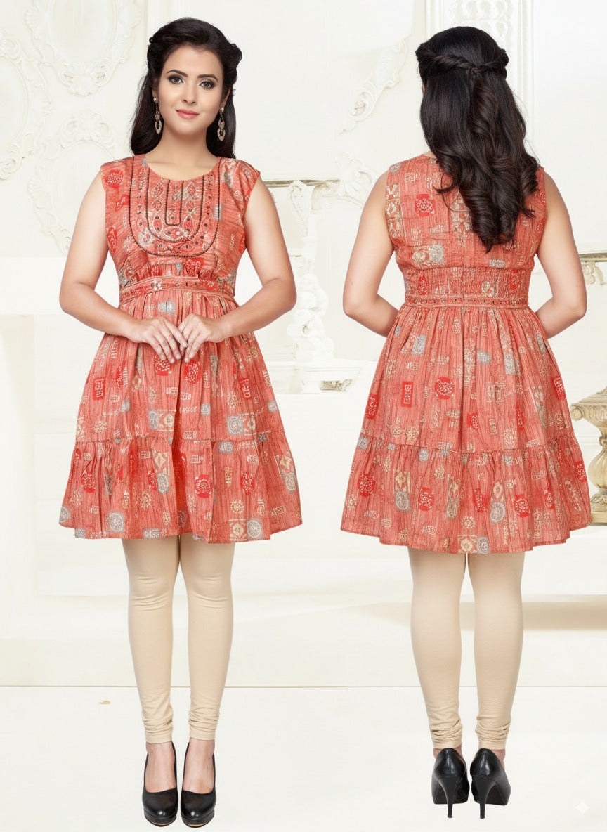Peach Printed Modal Silk Long Umbrella Sleeveless Kurti with Cotton Lining