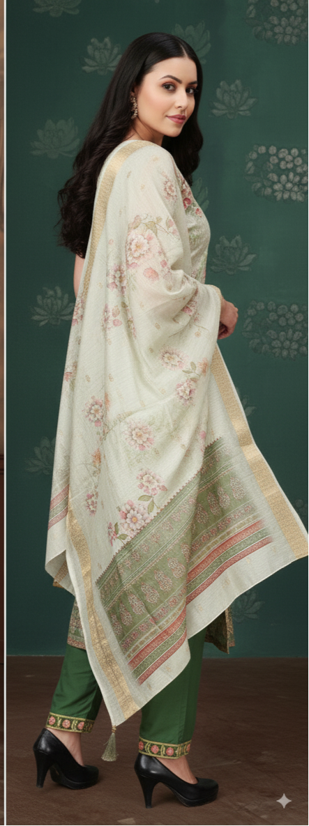 Light Green 3-Piece Suit with Chikan Embroidery, Digital Print & Mirror Work | Sleeveless Kurti, Embroidered Pants & Digital Dupatta