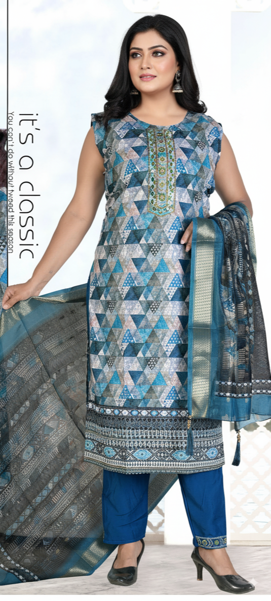 Navy Blue 3-Piece Suit with Chikan Embroidery, Digital Print & Mirror Work | Sleeveless Kurti, Embroidered Pants & Digital Dupatta