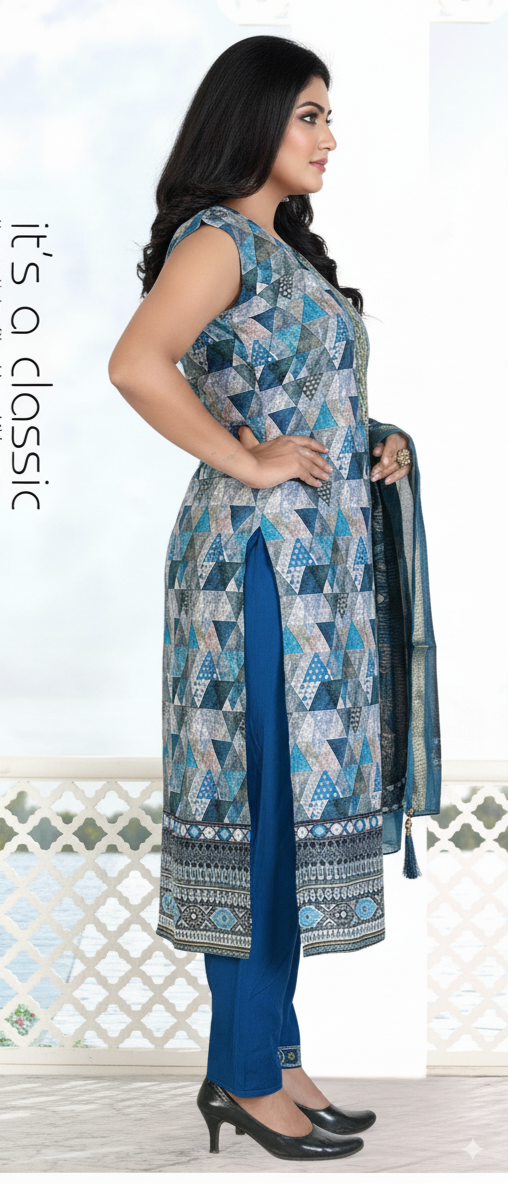 Navy Blue 3-Piece Suit with Chikan Embroidery, Digital Print & Mirror Work | Sleeveless Kurti, Embroidered Pants & Digital Dupatta