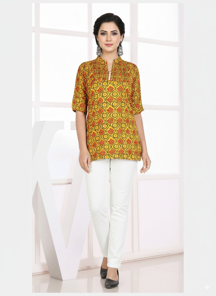 Yellow and Orange Geometric Print Riyon Liva Approved Short Kurti – Mandarin Collar, Half Sleeves